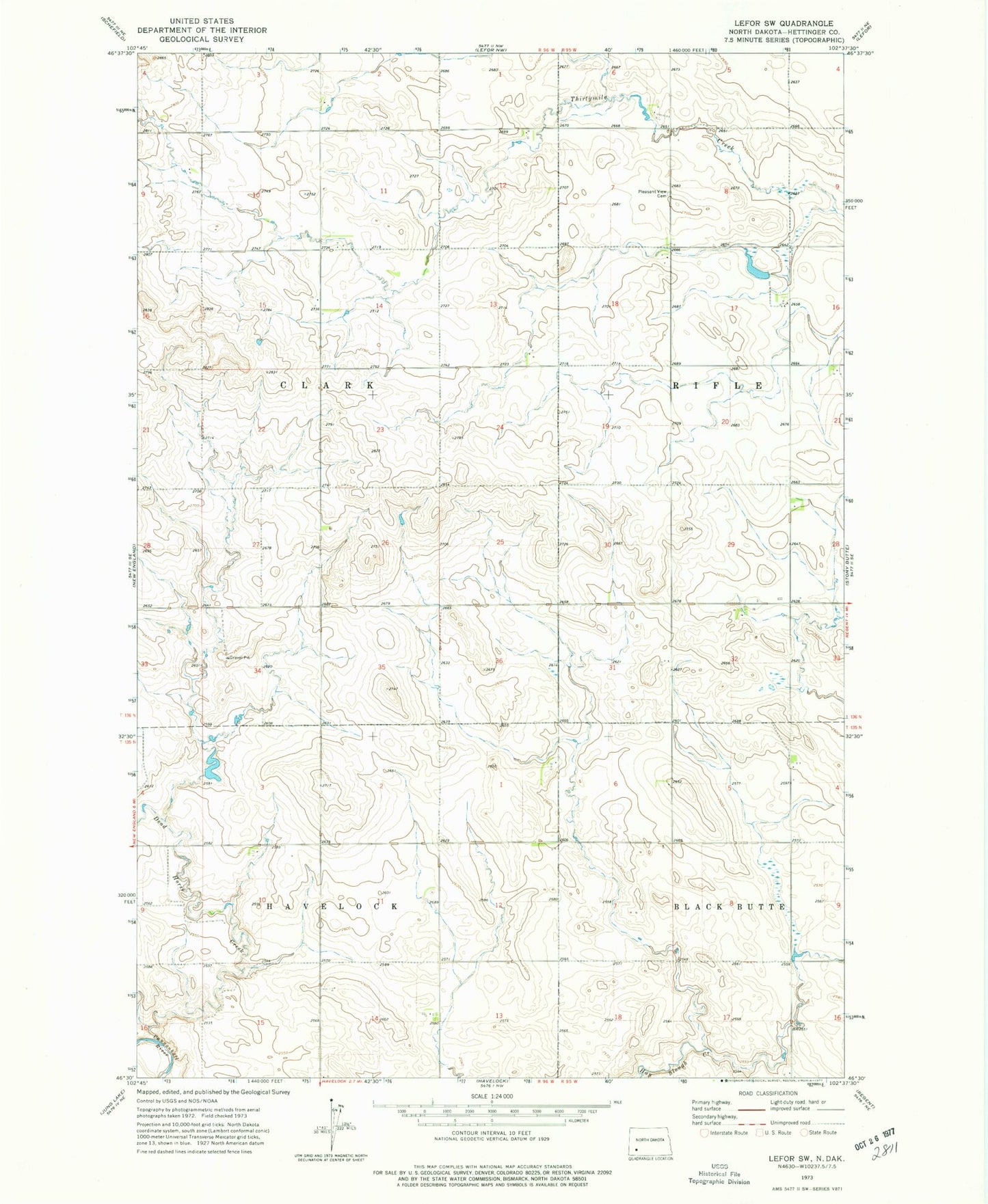 Classic USGS Lefor SW North Dakota 7.5'x7.5' Topo Map Image