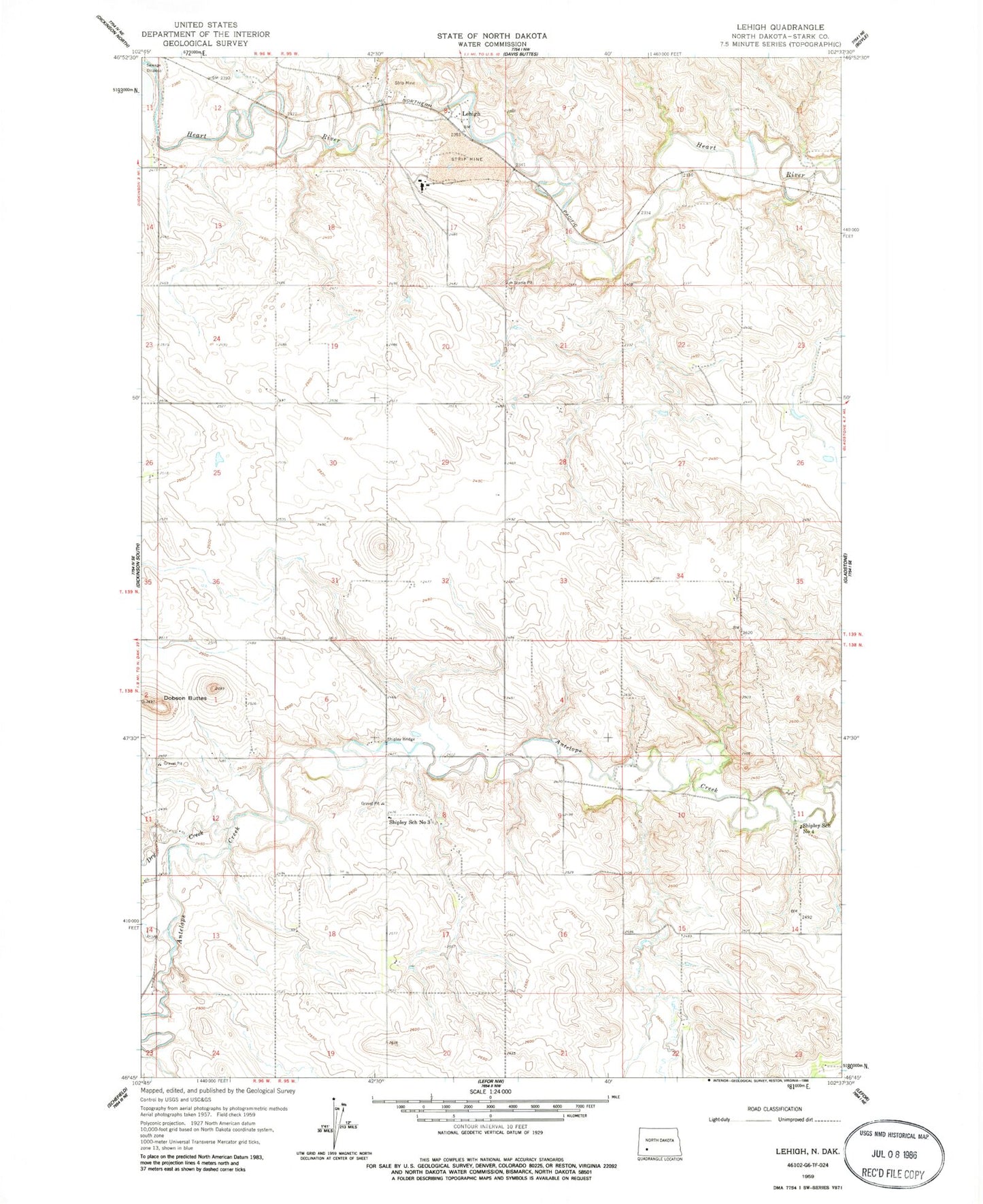 Classic USGS Lehigh North Dakota 7.5'x7.5' Topo Map Image