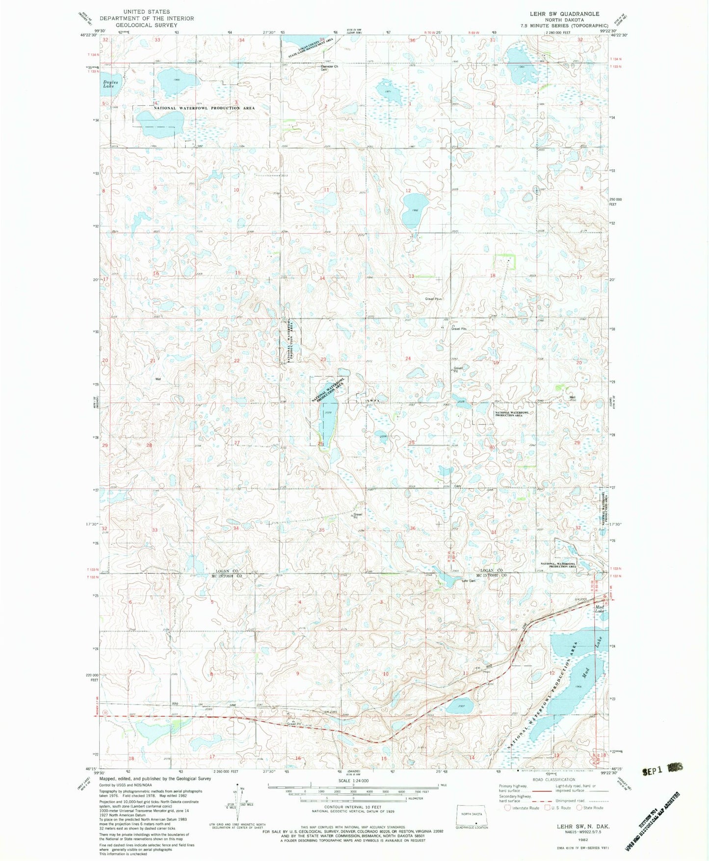 Classic USGS Lehr SW North Dakota 7.5'x7.5' Topo Map Image