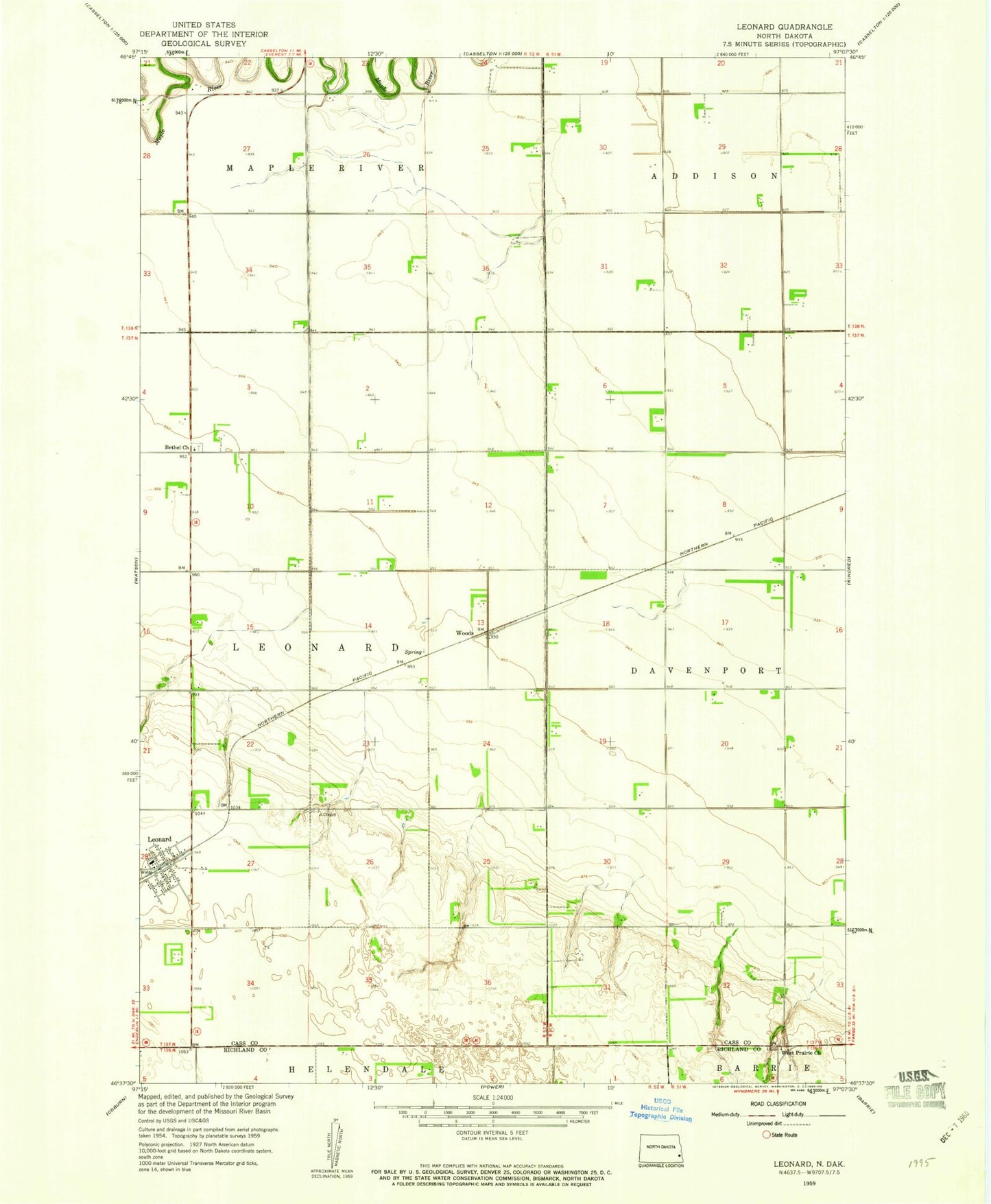 Classic USGS Leonard North Dakota 7.5'x7.5' Topo Map Image