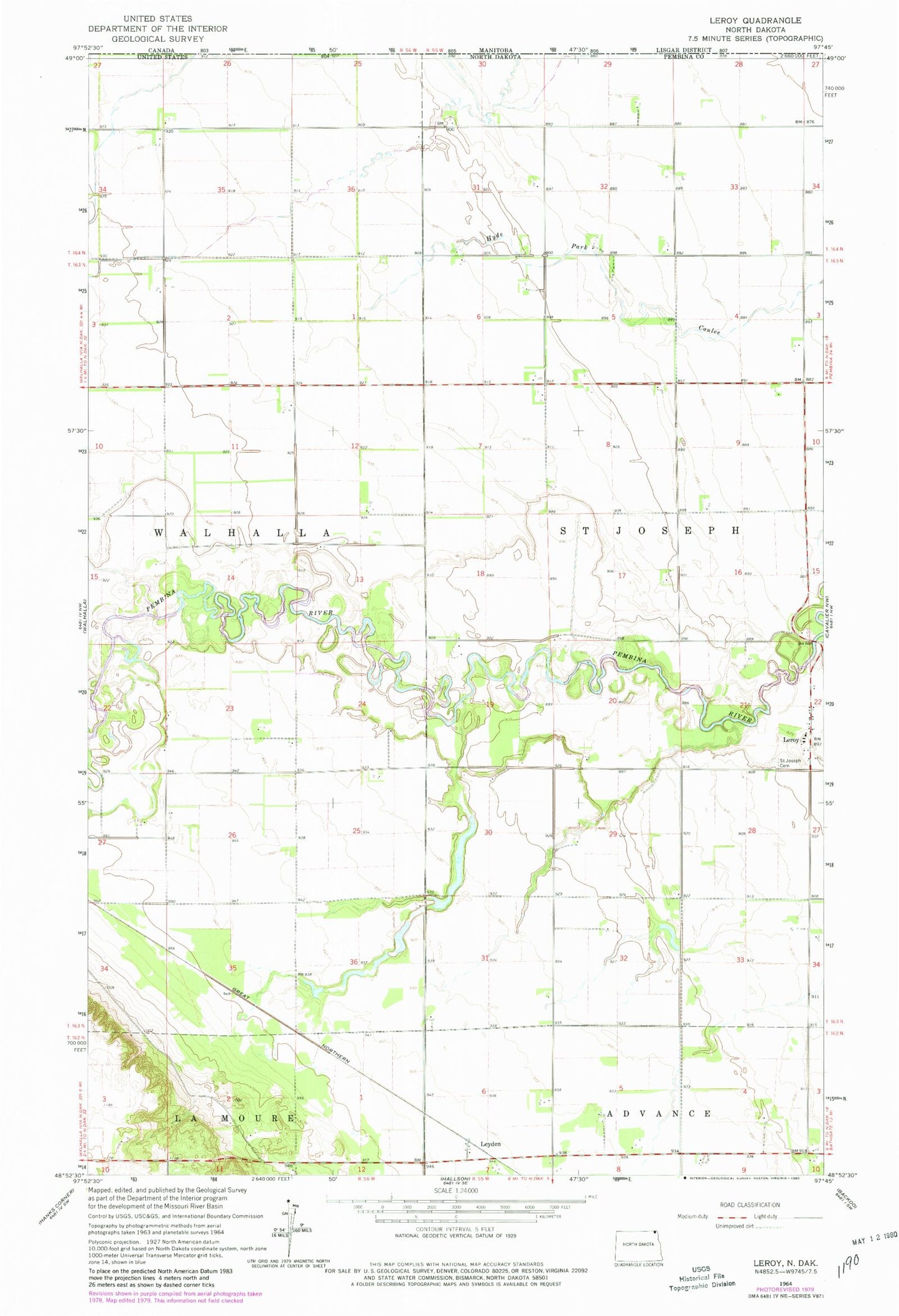 Classic USGS Leroy North Dakota 7.5'x7.5' Topo Map Image