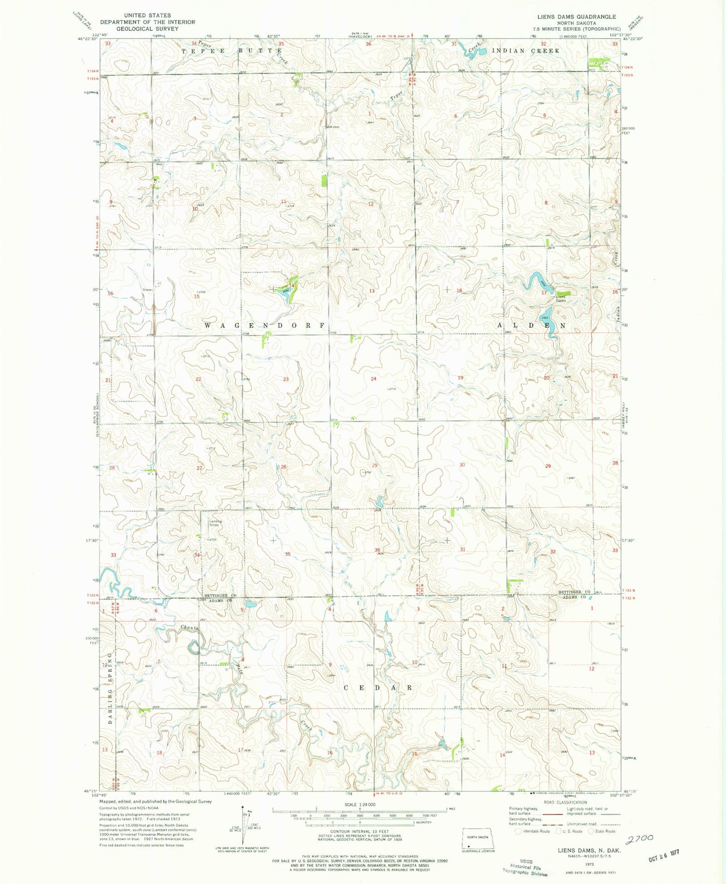Classic USGS Liens Dams North Dakota 7.5'x7.5' Topo Map Image