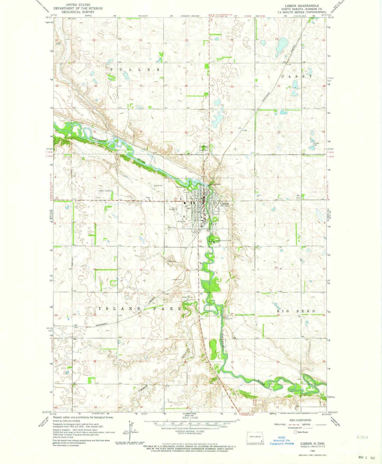 Classic USGS Lisbon North Dakota 7.5'x7.5' Topo Map Image