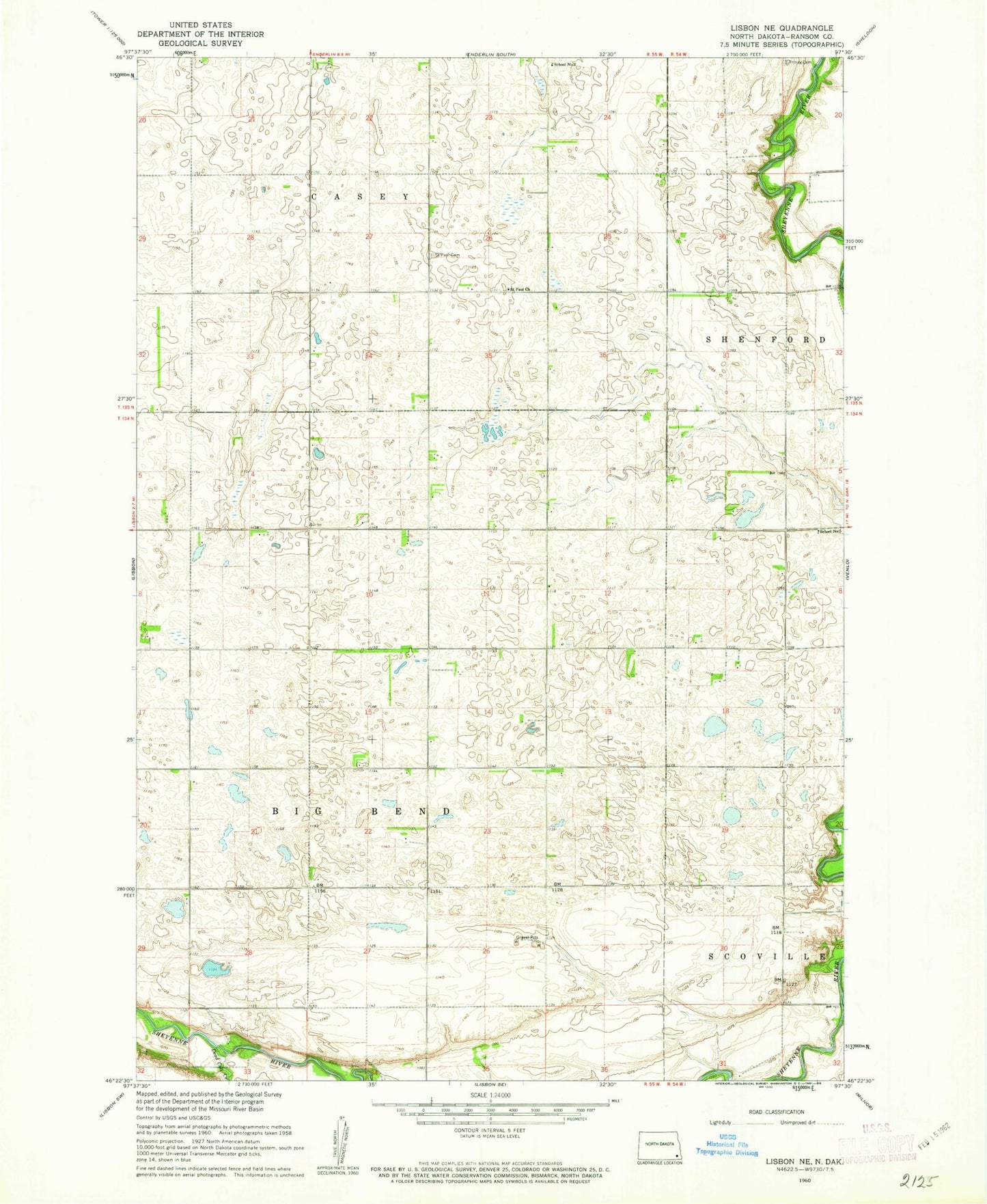 Classic USGS Lisbon NE North Dakota 7.5'x7.5' Topo Map Image