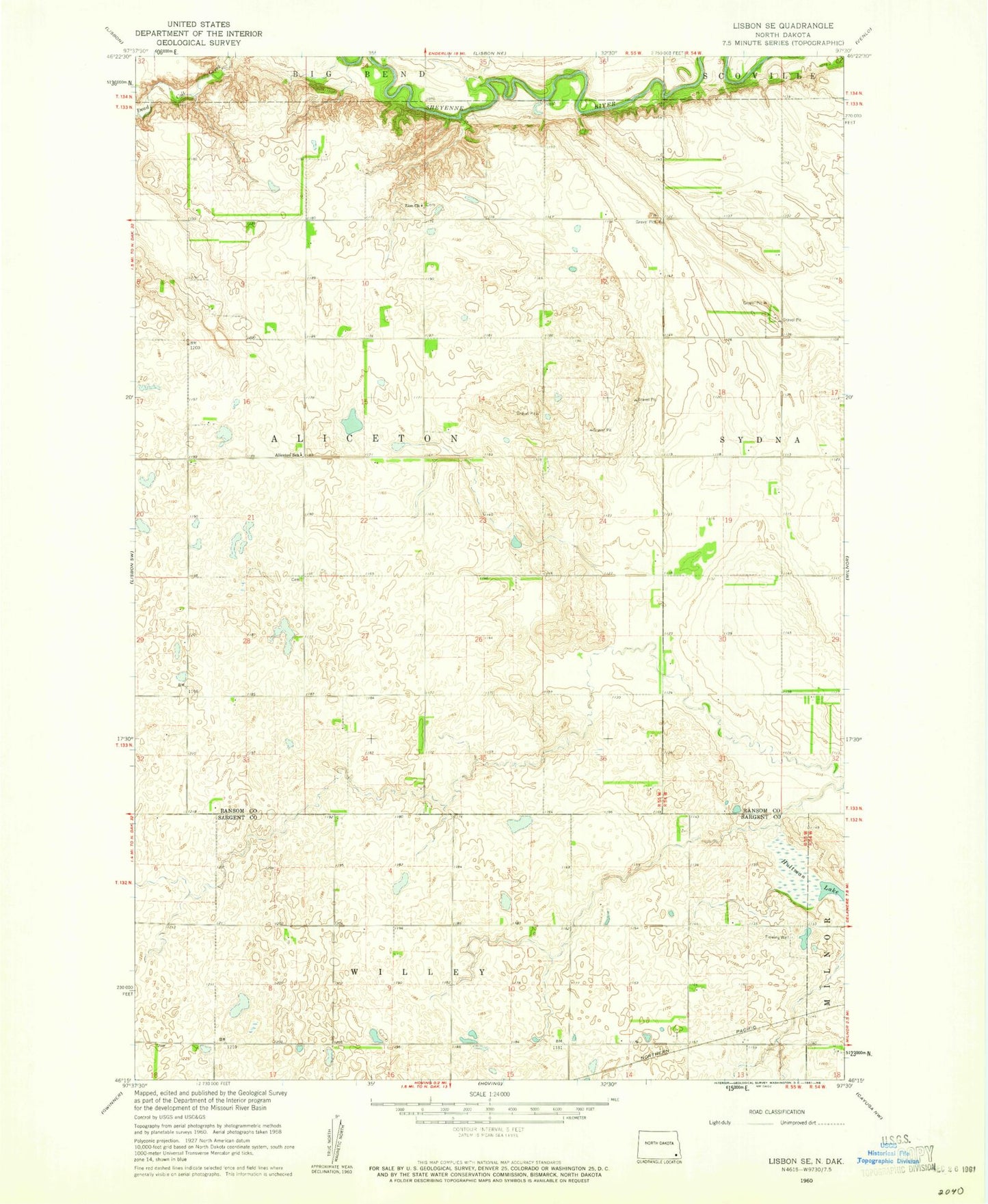 Classic USGS Lisbon SE North Dakota 7.5'x7.5' Topo Map Image