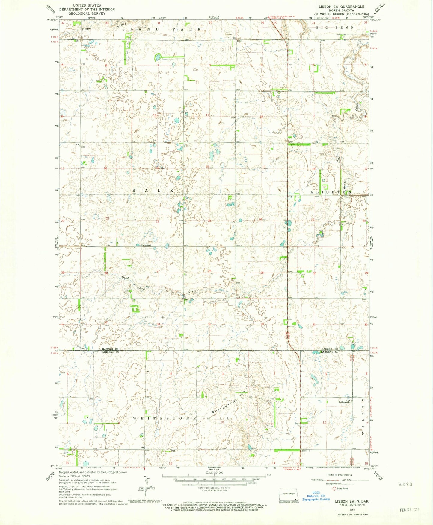 Classic USGS Lisbon SW North Dakota 7.5'x7.5' Topo Map Image