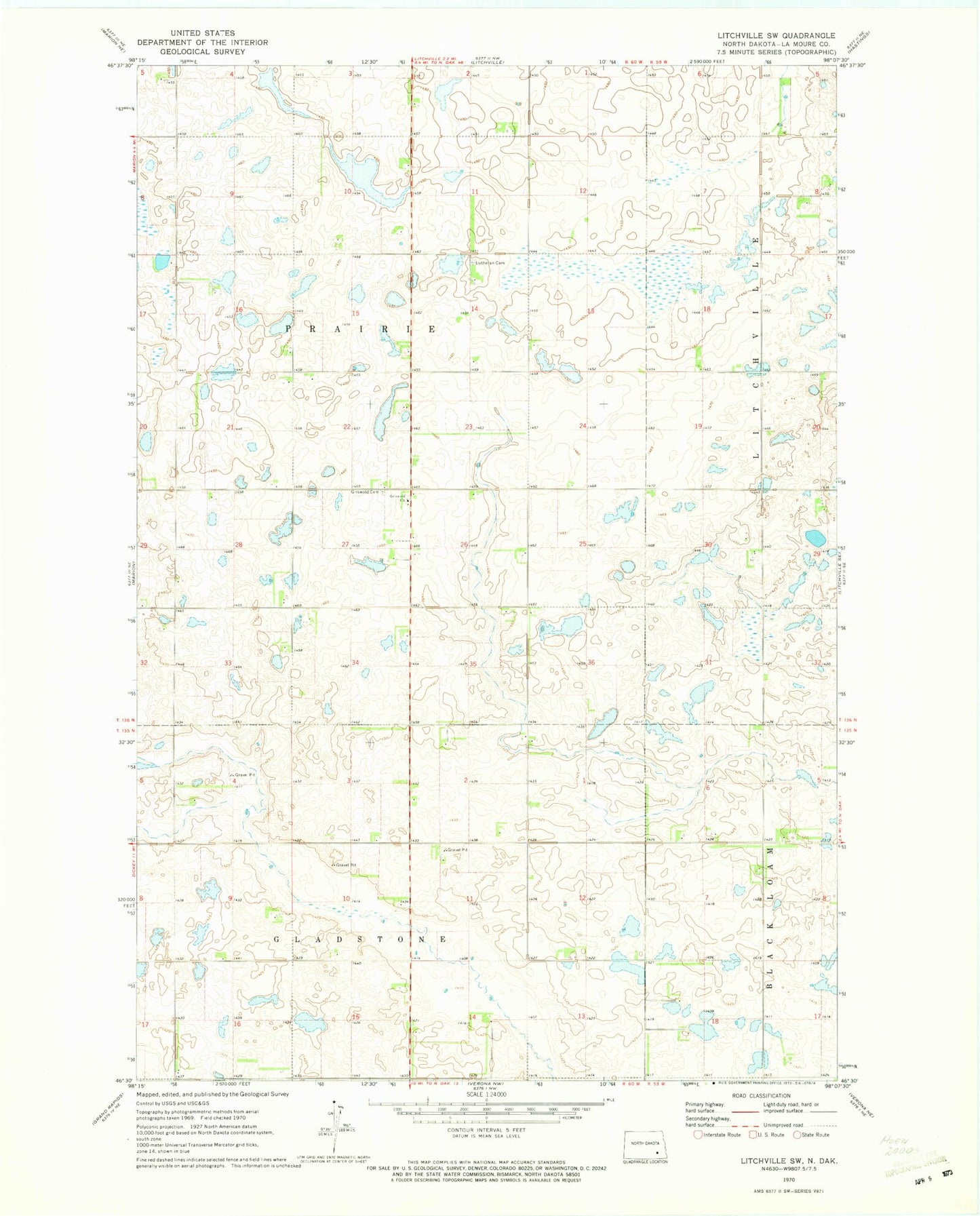 Classic USGS Litchville SW North Dakota 7.5'x7.5' Topo Map Image