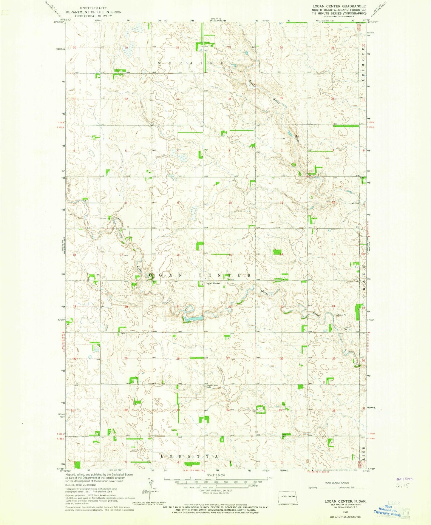 Classic USGS Logan Center North Dakota 7.5'x7.5' Topo Map Image