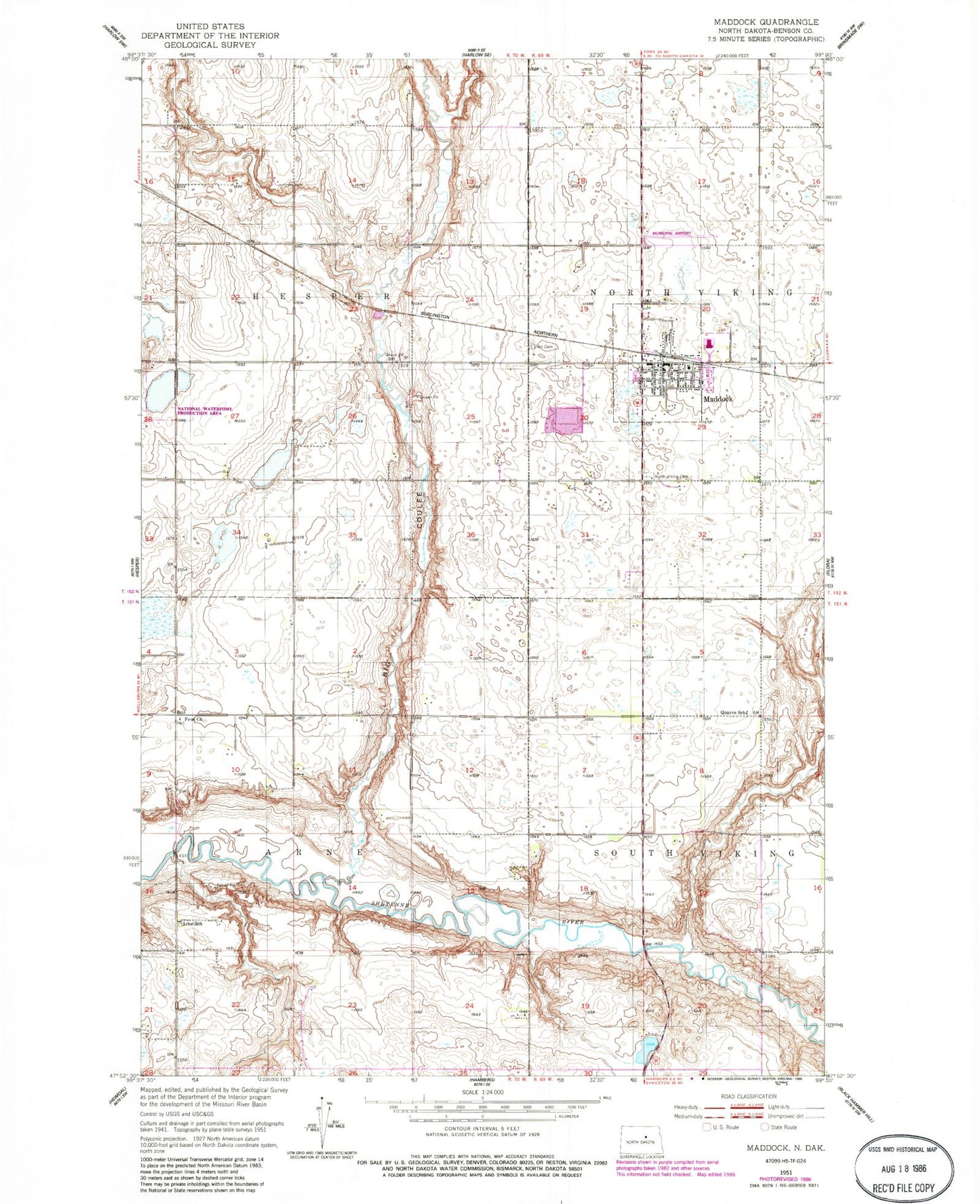 Classic USGS Maddock North Dakota 7.5'x7.5' Topo Map Image