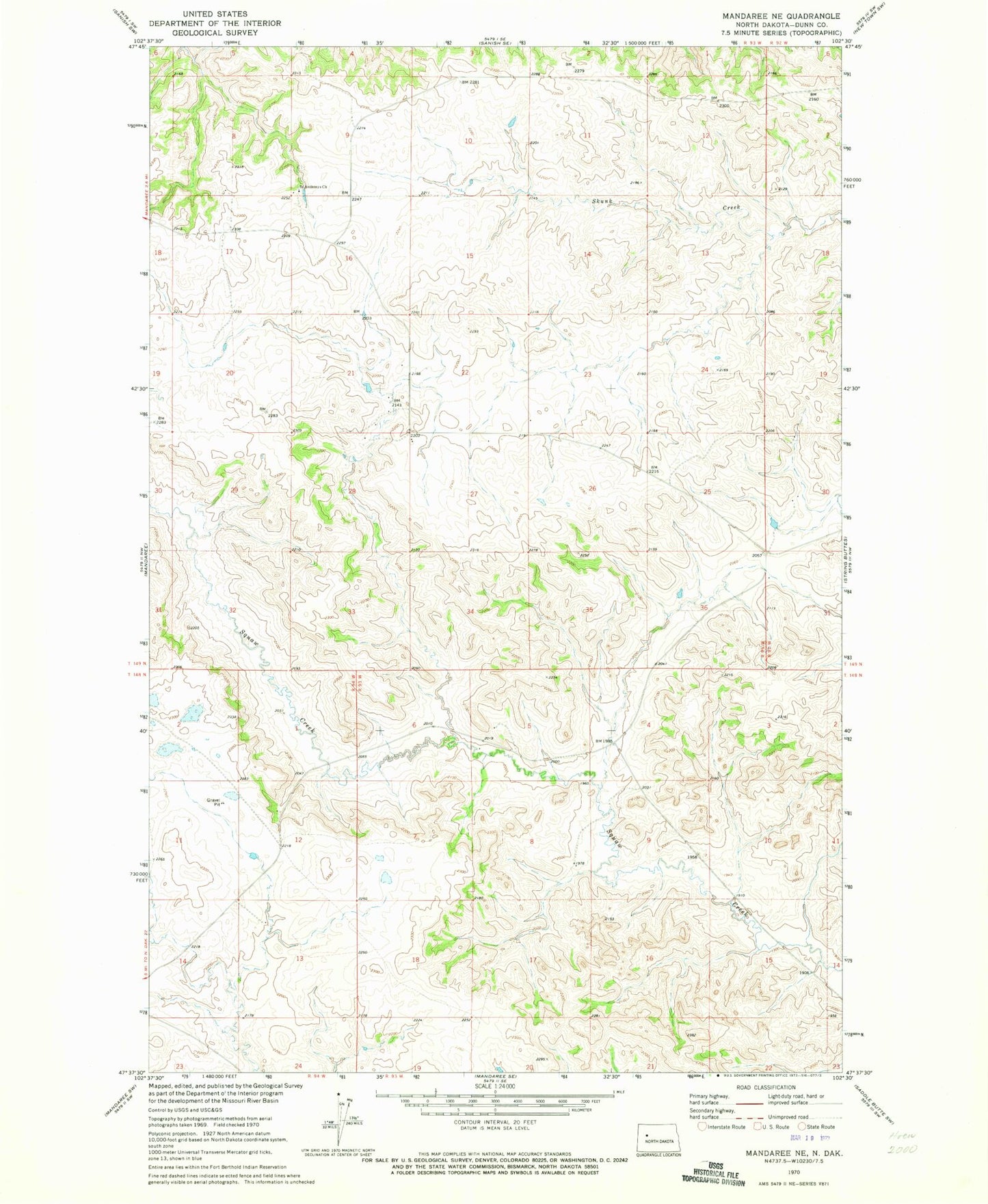 Classic USGS Mandaree NE North Dakota 7.5'x7.5' Topo Map Image