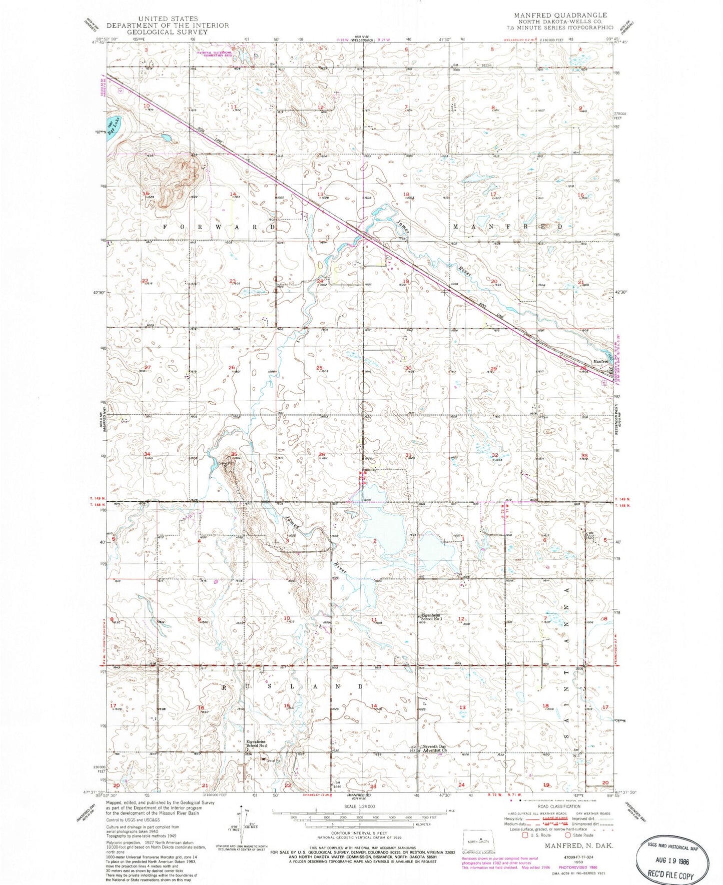 Classic USGS Manfred North Dakota 7.5'x7.5' Topo Map Image