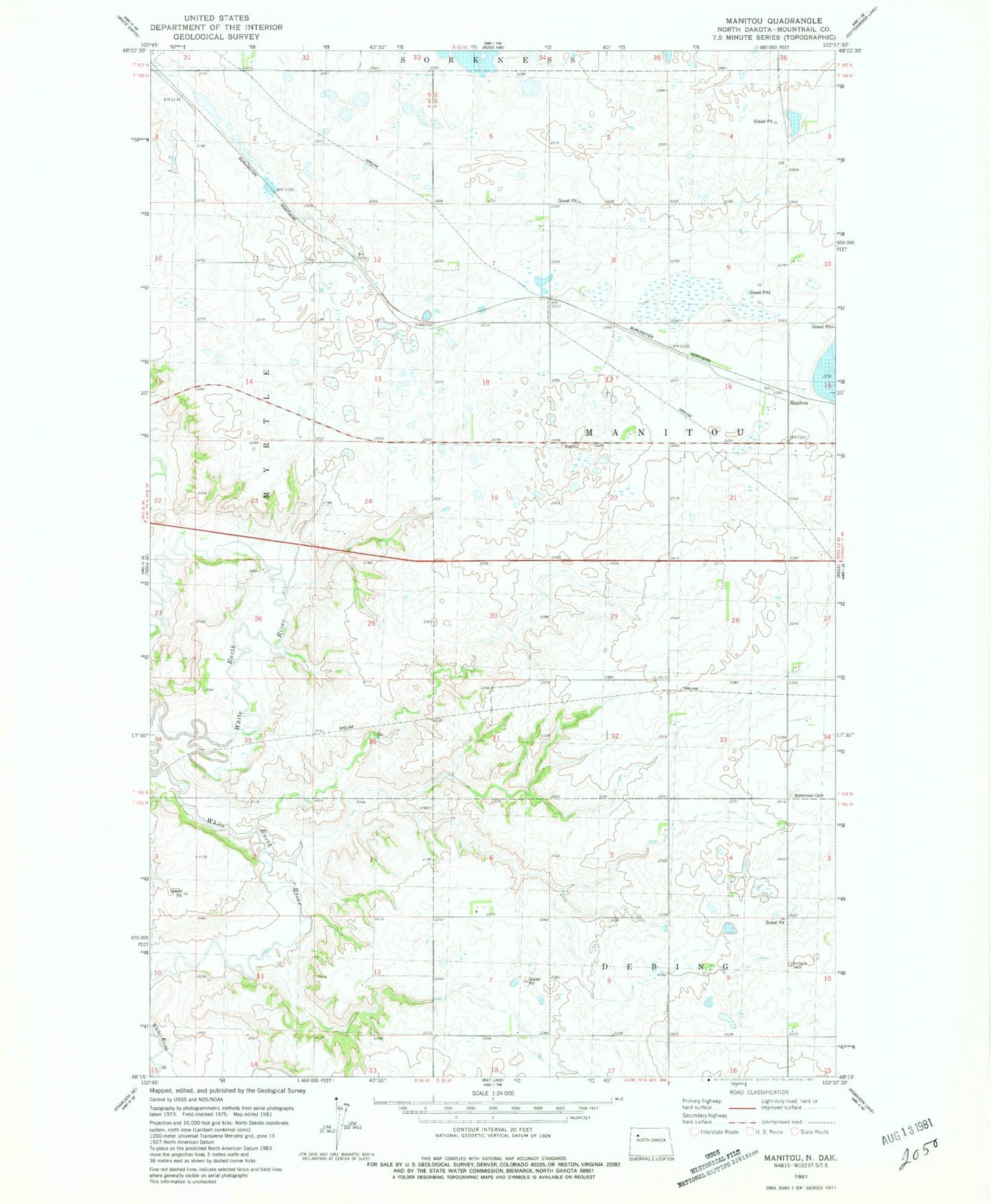 Classic USGS Manitou North Dakota 7.5'x7.5' Topo Map Image