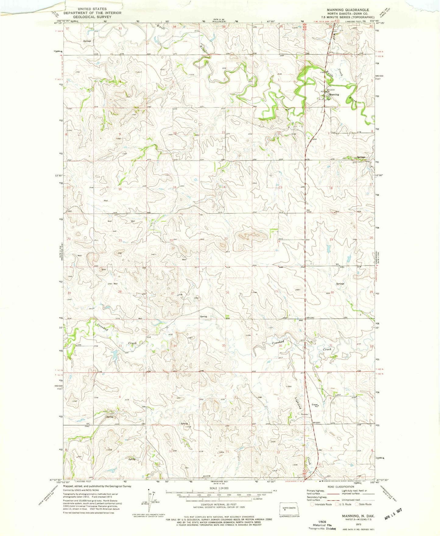 Classic USGS Manning North Dakota 7.5'x7.5' Topo Map Image