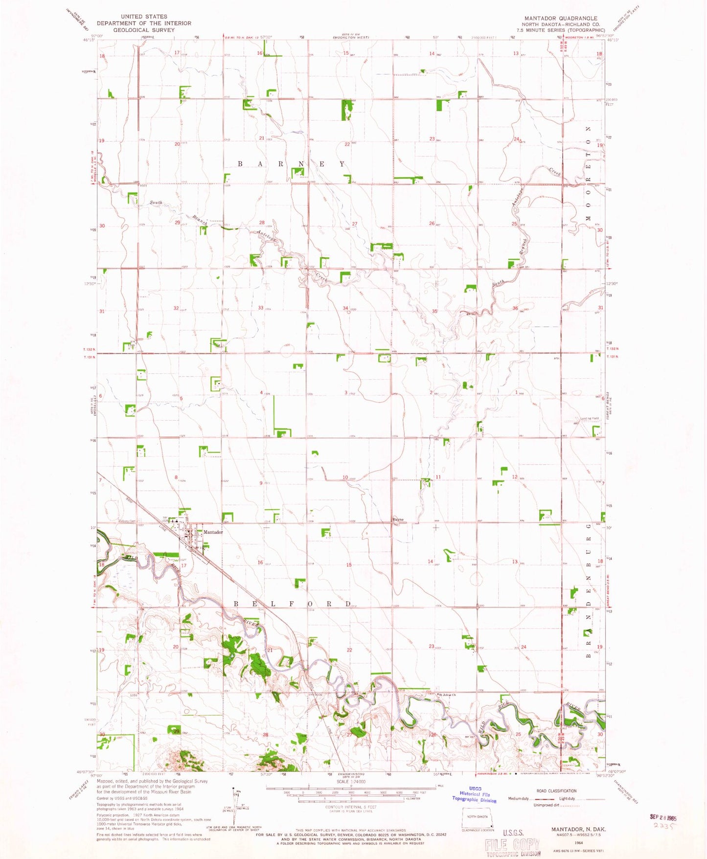 Classic USGS Mantador North Dakota 7.5'x7.5' Topo Map Image