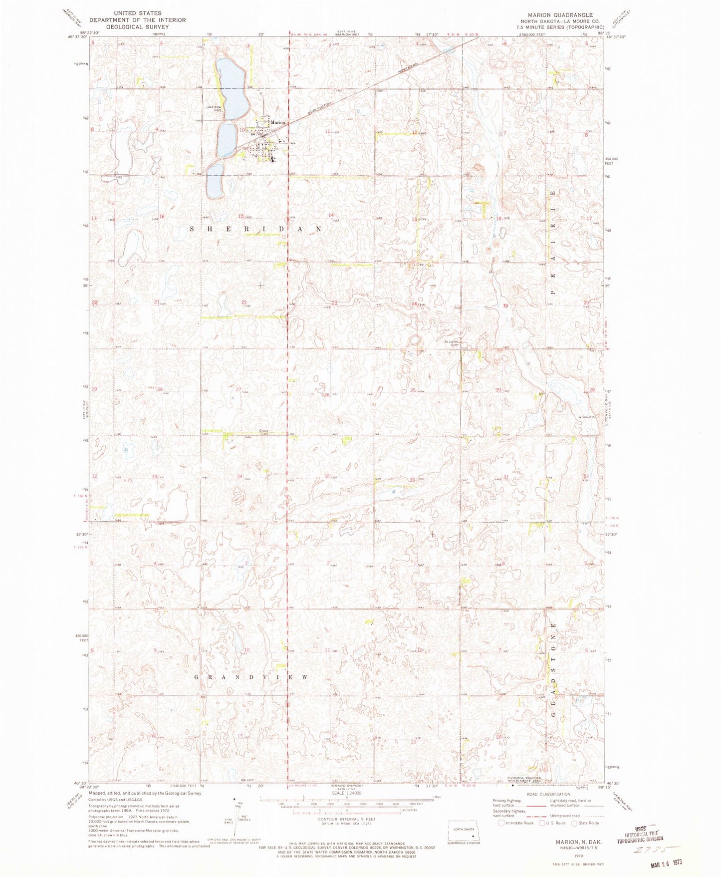 Classic USGS Marion North Dakota 7.5'x7.5' Topo Map Image