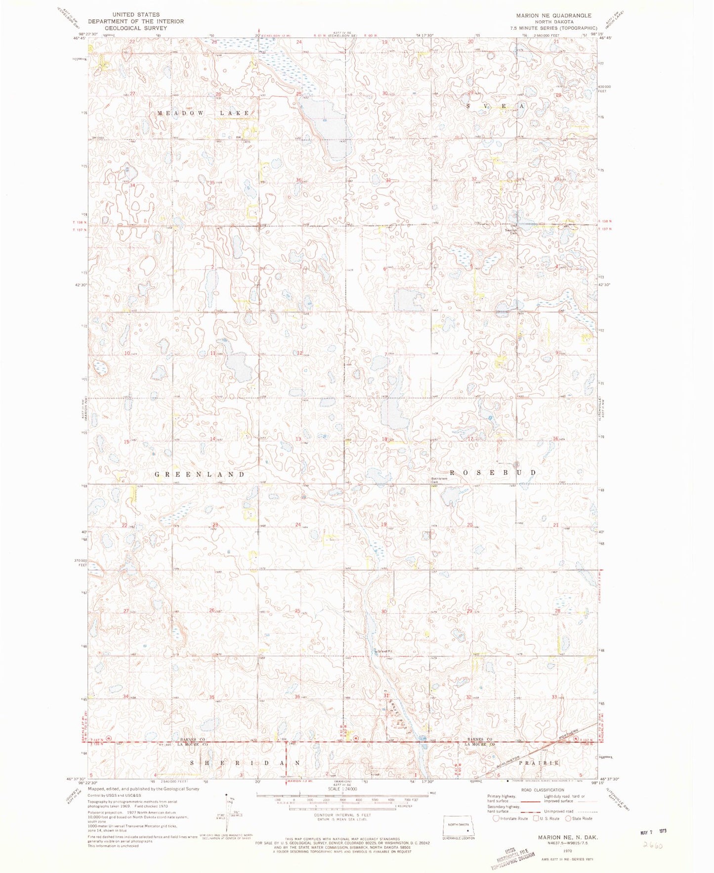Classic USGS Marion NE North Dakota 7.5'x7.5' Topo Map Image