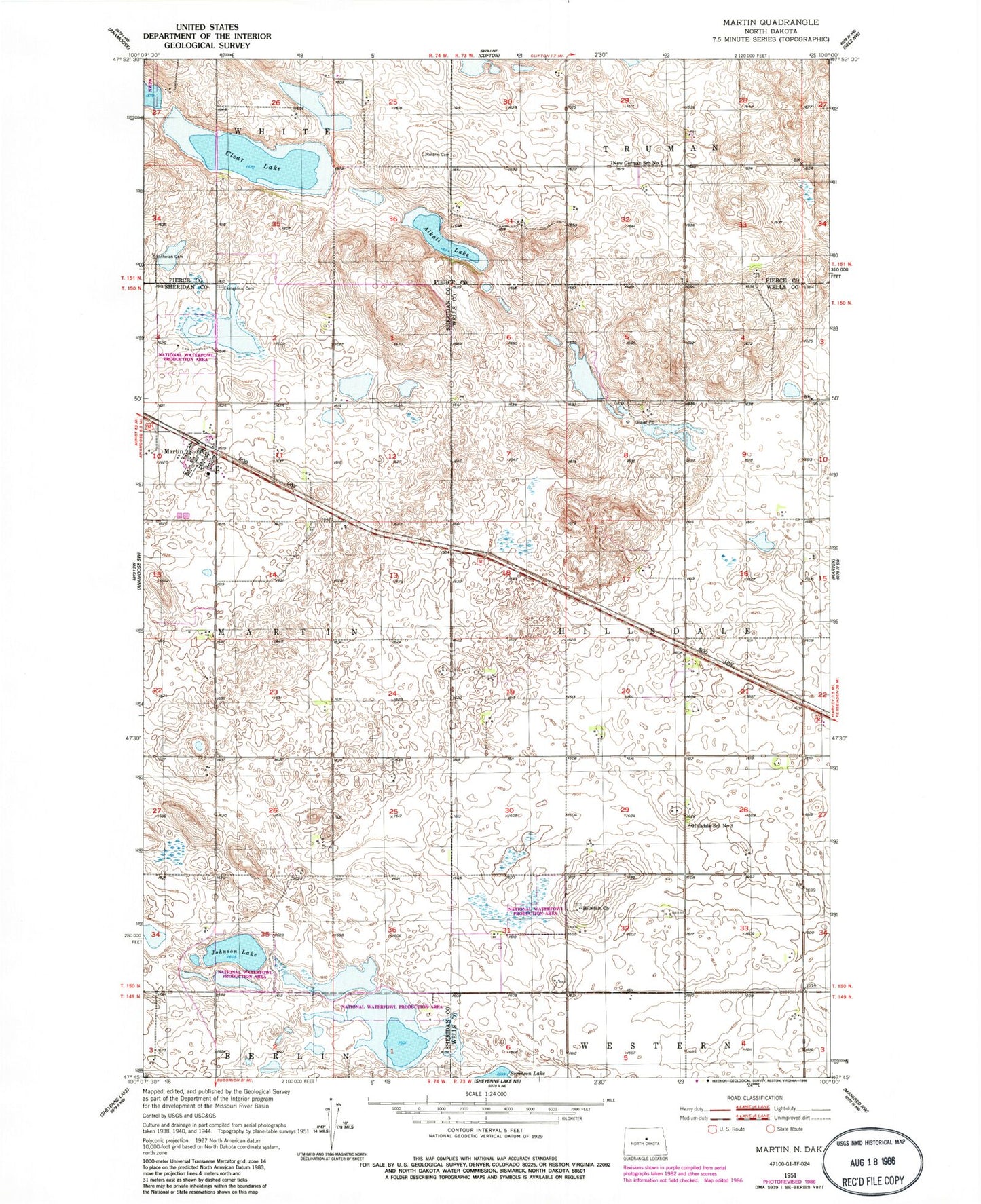 Classic USGS Martin North Dakota 7.5'x7.5' Topo Map Image