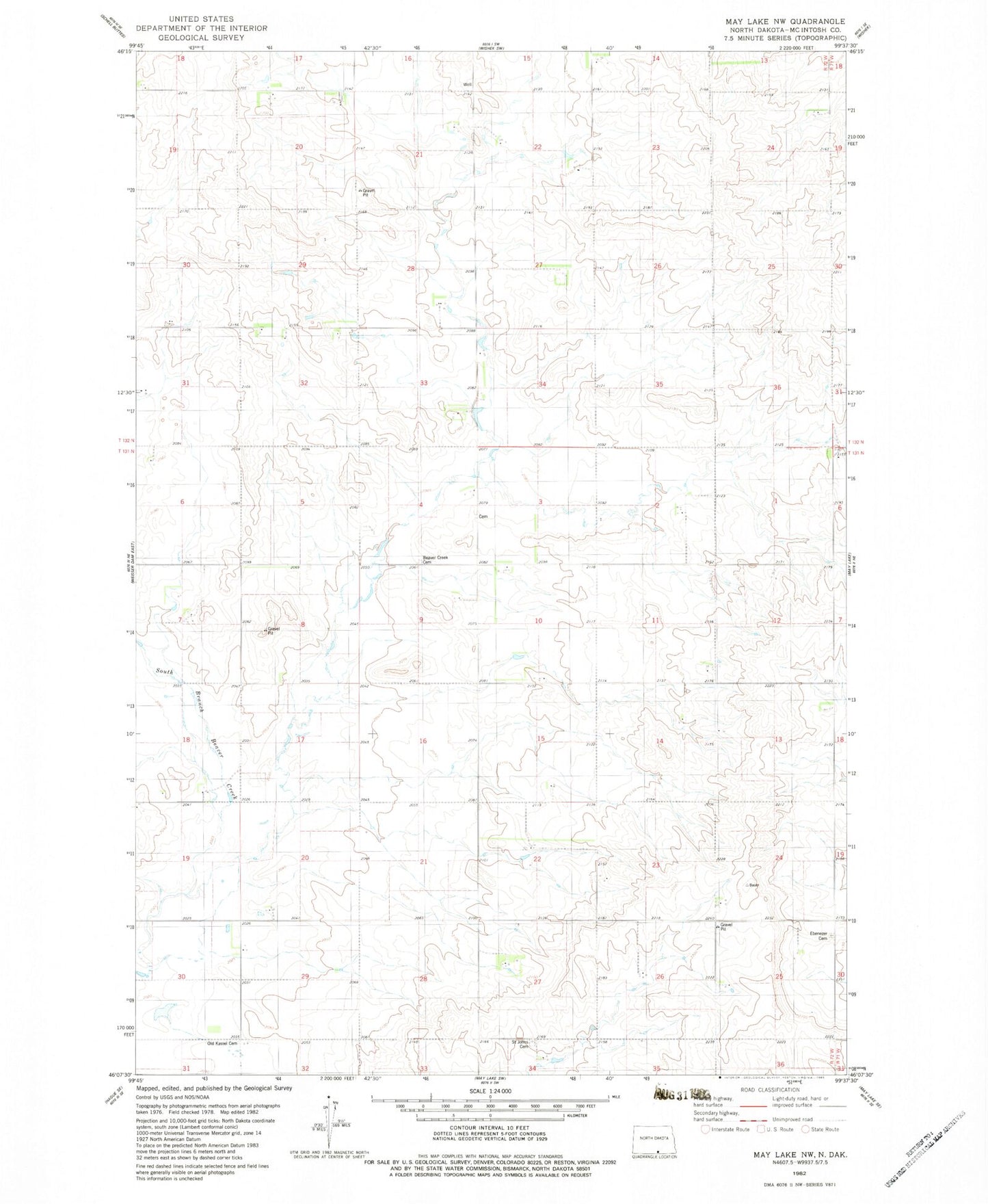 Classic USGS May Lake NW North Dakota 7.5'x7.5' Topo Map Image