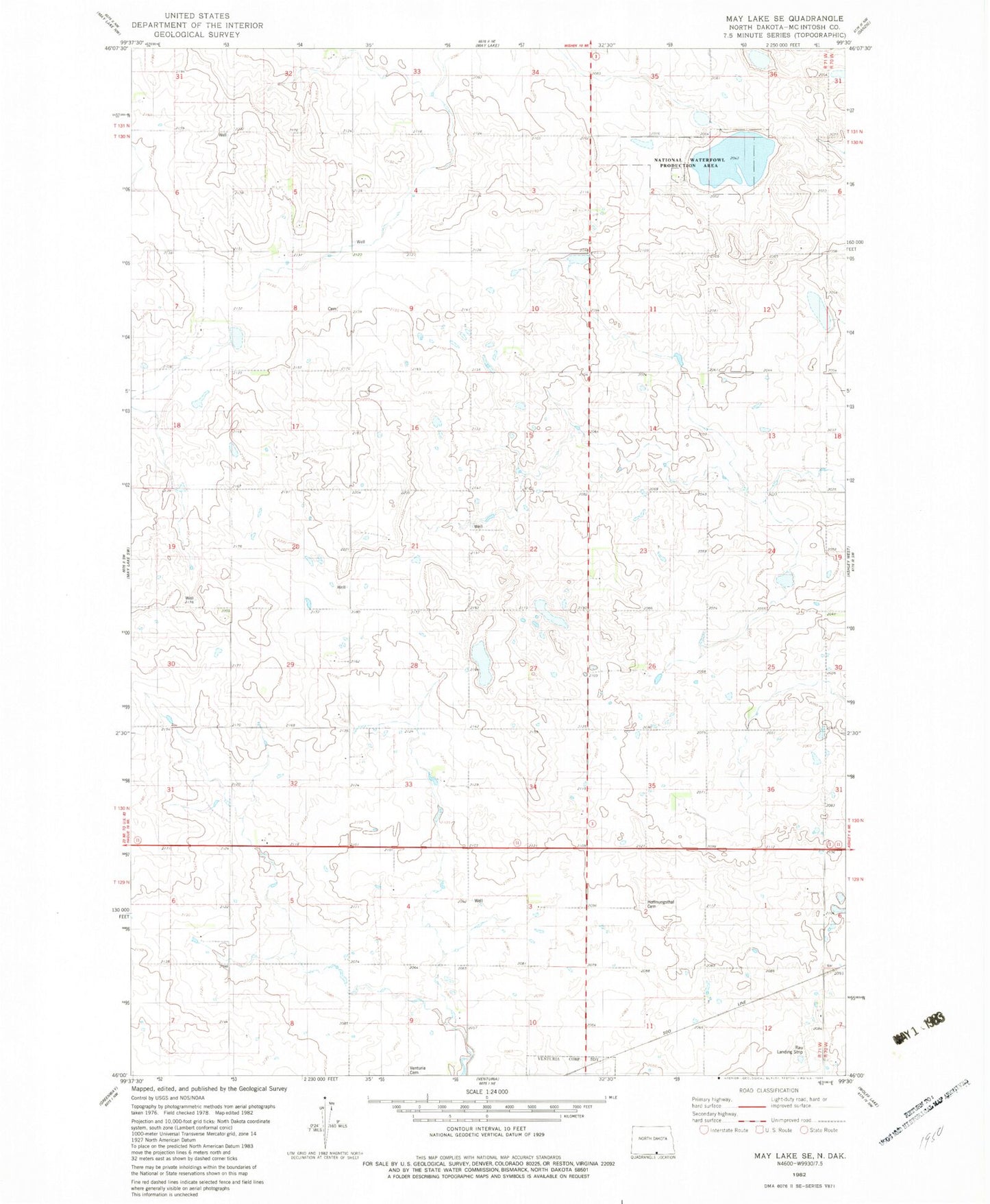 Classic USGS May Lake SE North Dakota 7.5'x7.5' Topo Map Image