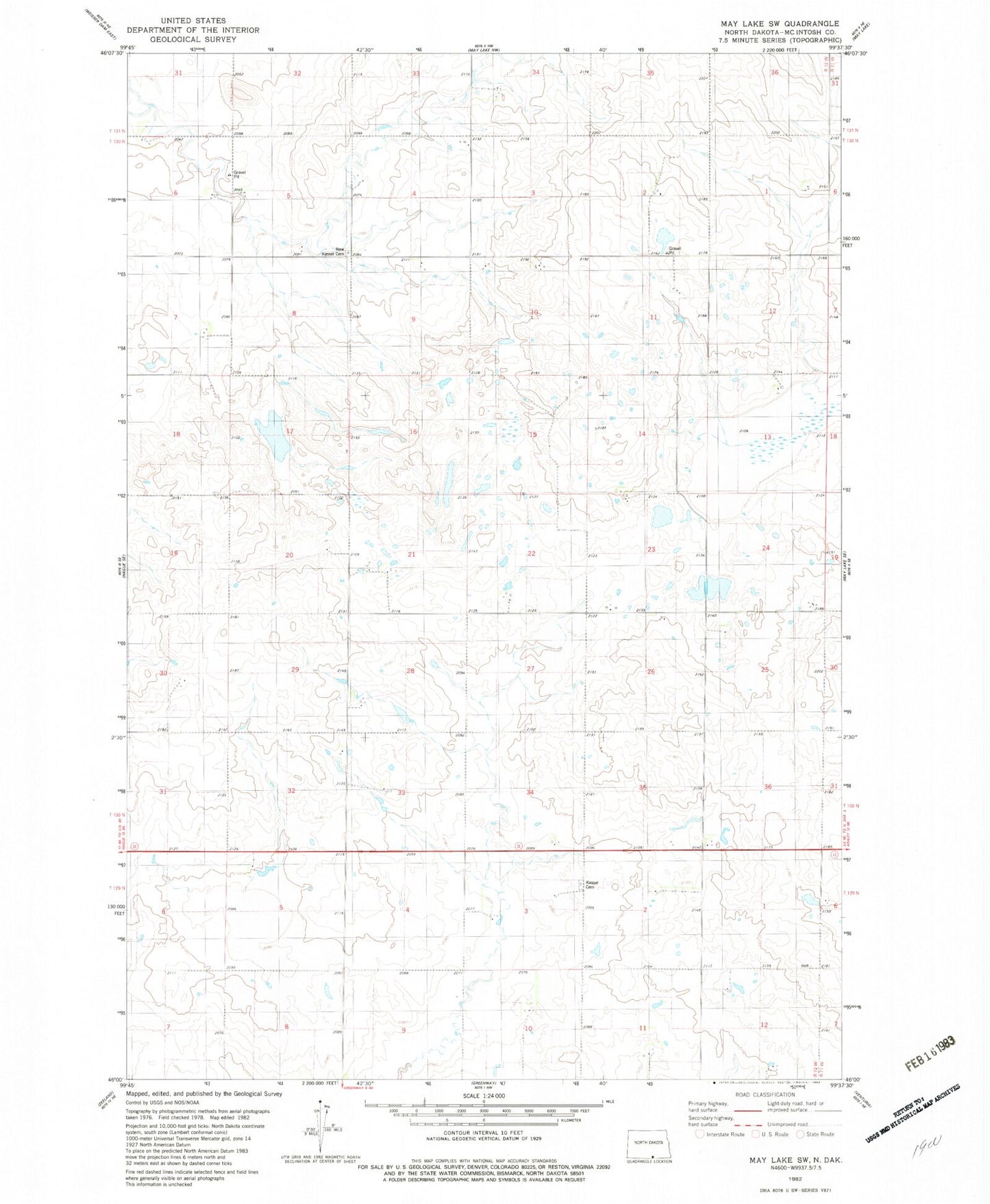 Classic USGS May Lake SW North Dakota 7.5'x7.5' Topo Map Image
