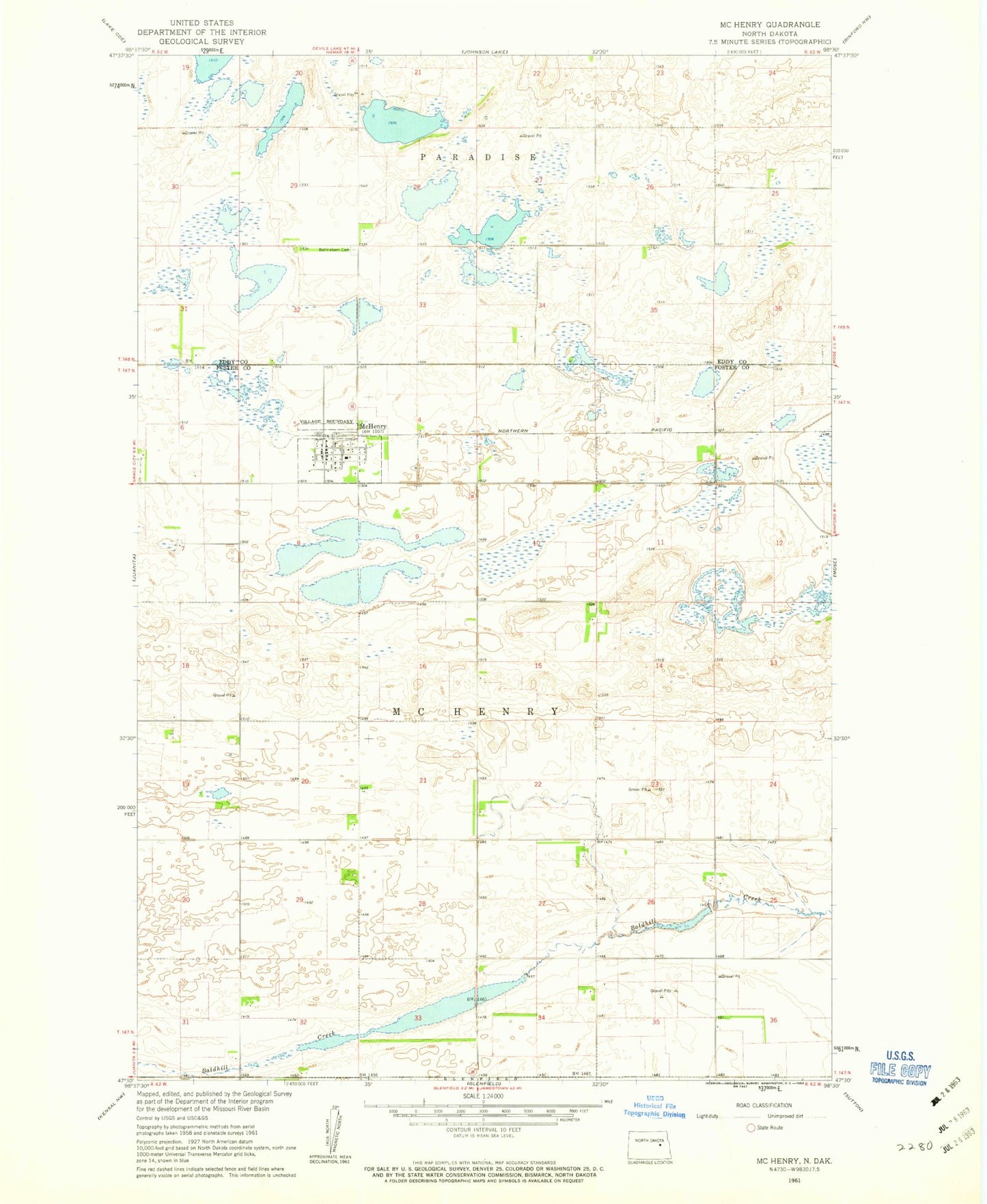 Classic USGS McHenry North Dakota 7.5'x7.5' Topo Map Image