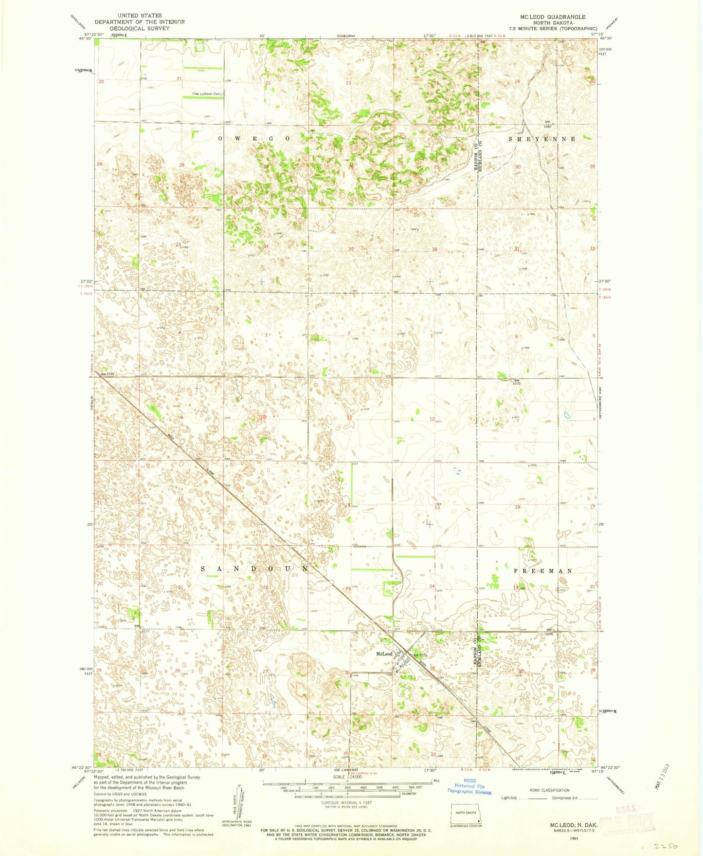 Classic USGS McLeod North Dakota 7.5'x7.5' Topo Map Image