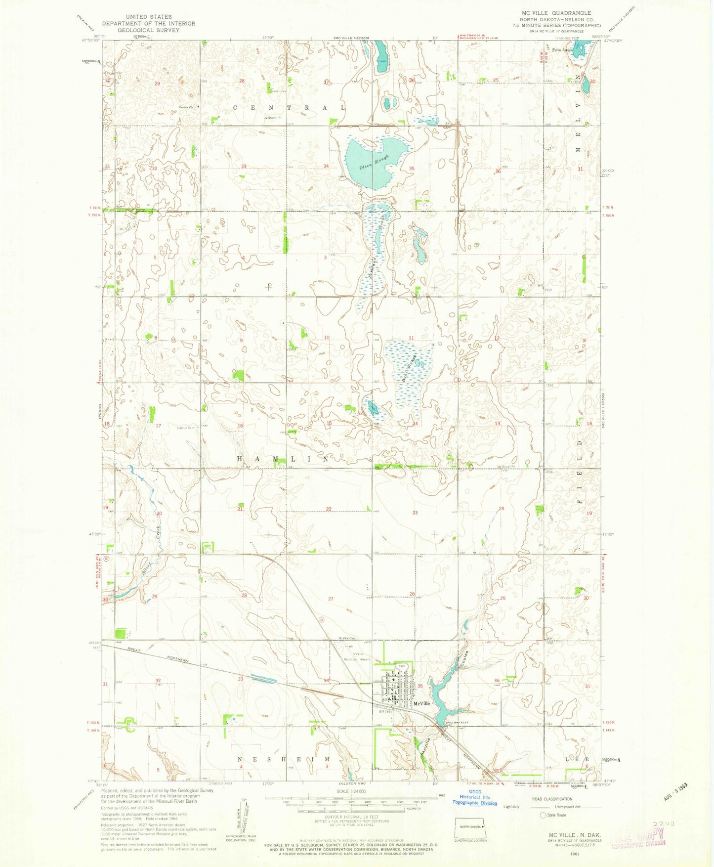 Classic USGS McVille North Dakota 7.5'x7.5' Topo Map Image