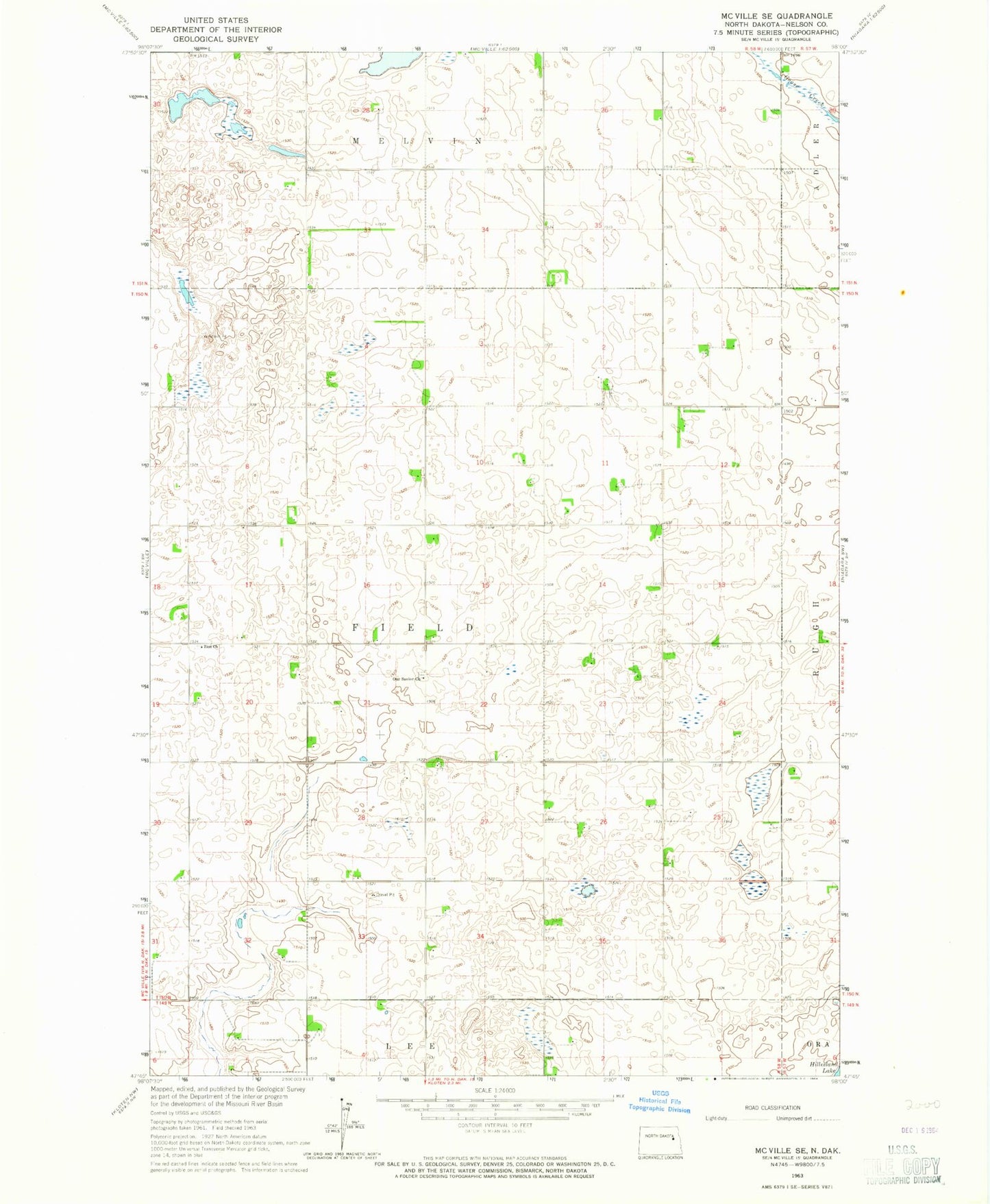 Classic USGS McVille SE North Dakota 7.5'x7.5' Topo Map Image