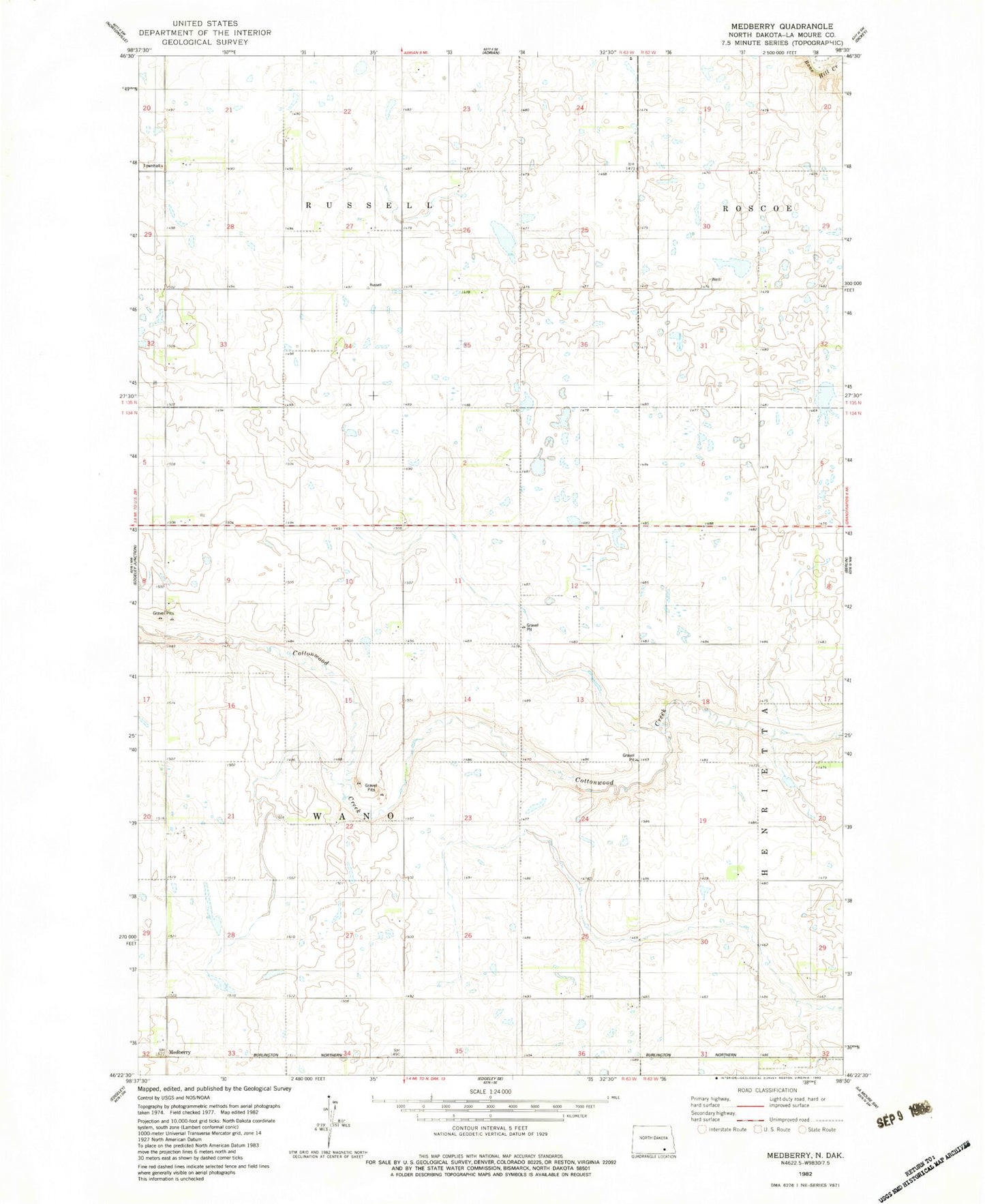 Classic USGS Medberry North Dakota 7.5'x7.5' Topo Map Image