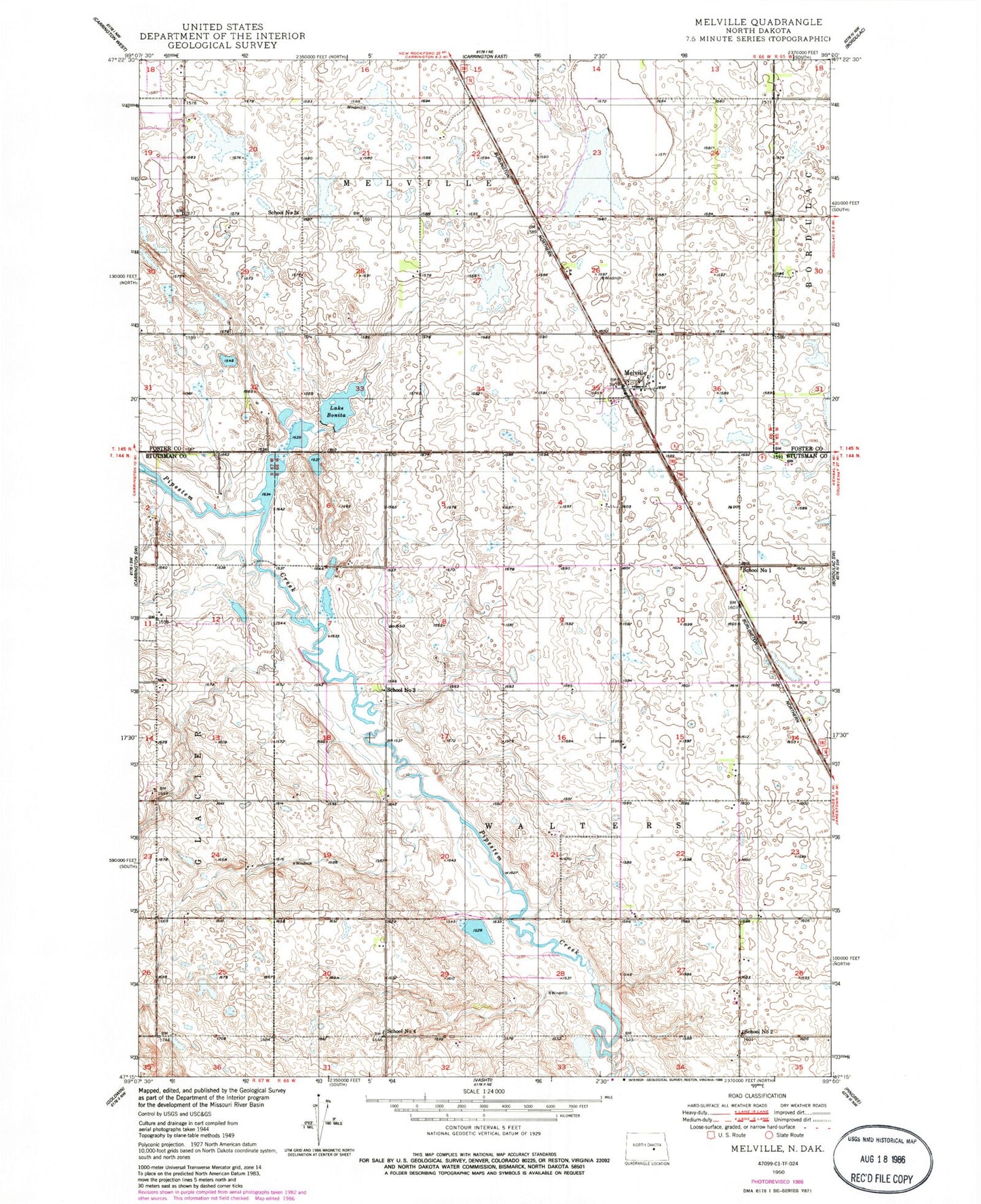 Classic USGS Melville North Dakota 7.5'x7.5' Topo Map Image