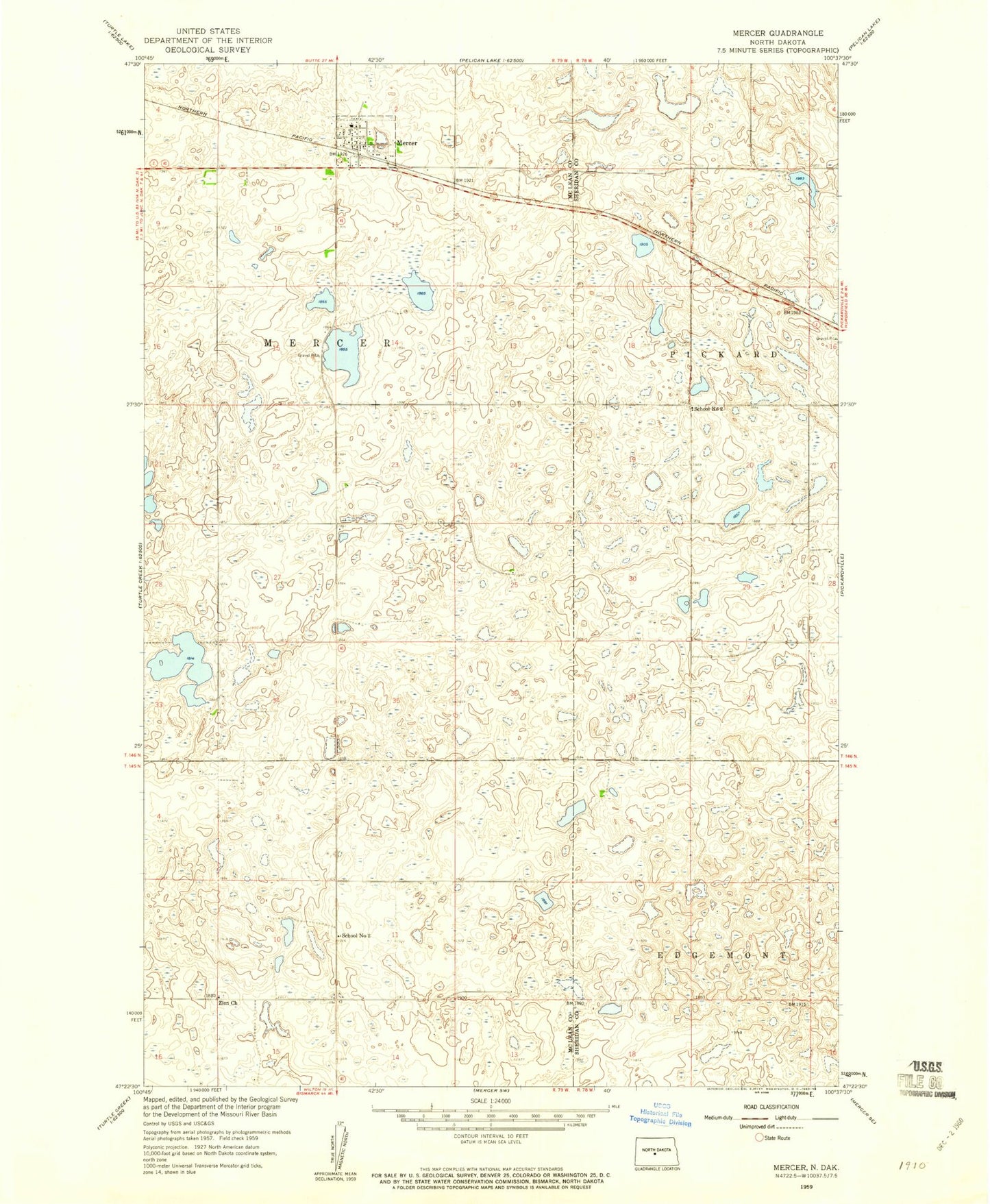 Classic USGS Mercer North Dakota 7.5'x7.5' Topo Map Image