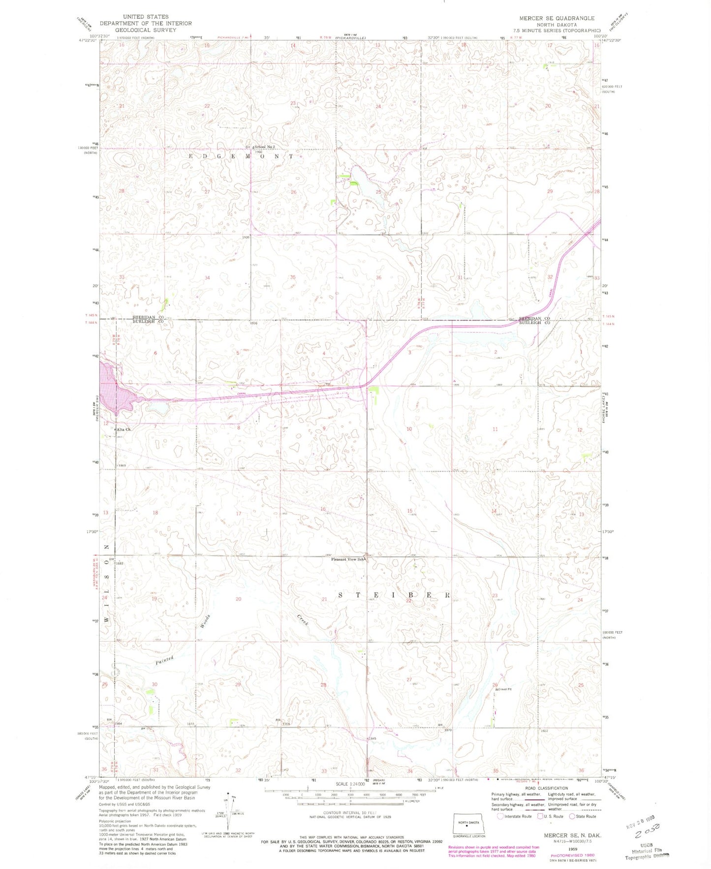 Classic USGS Mercer SE North Dakota 7.5'x7.5' Topo Map Image