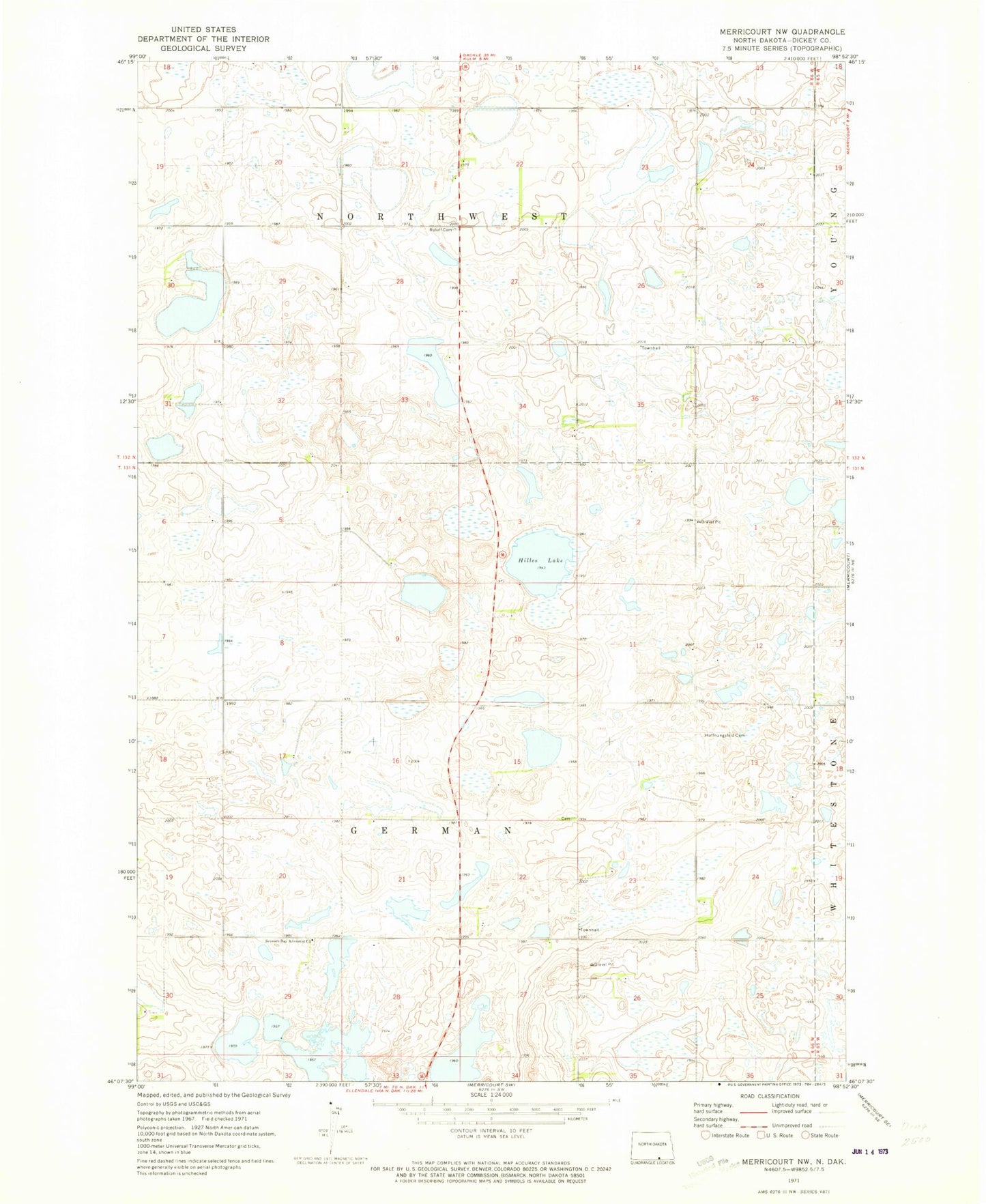 Classic USGS Merricourt NW North Dakota 7.5'x7.5' Topo Map Image