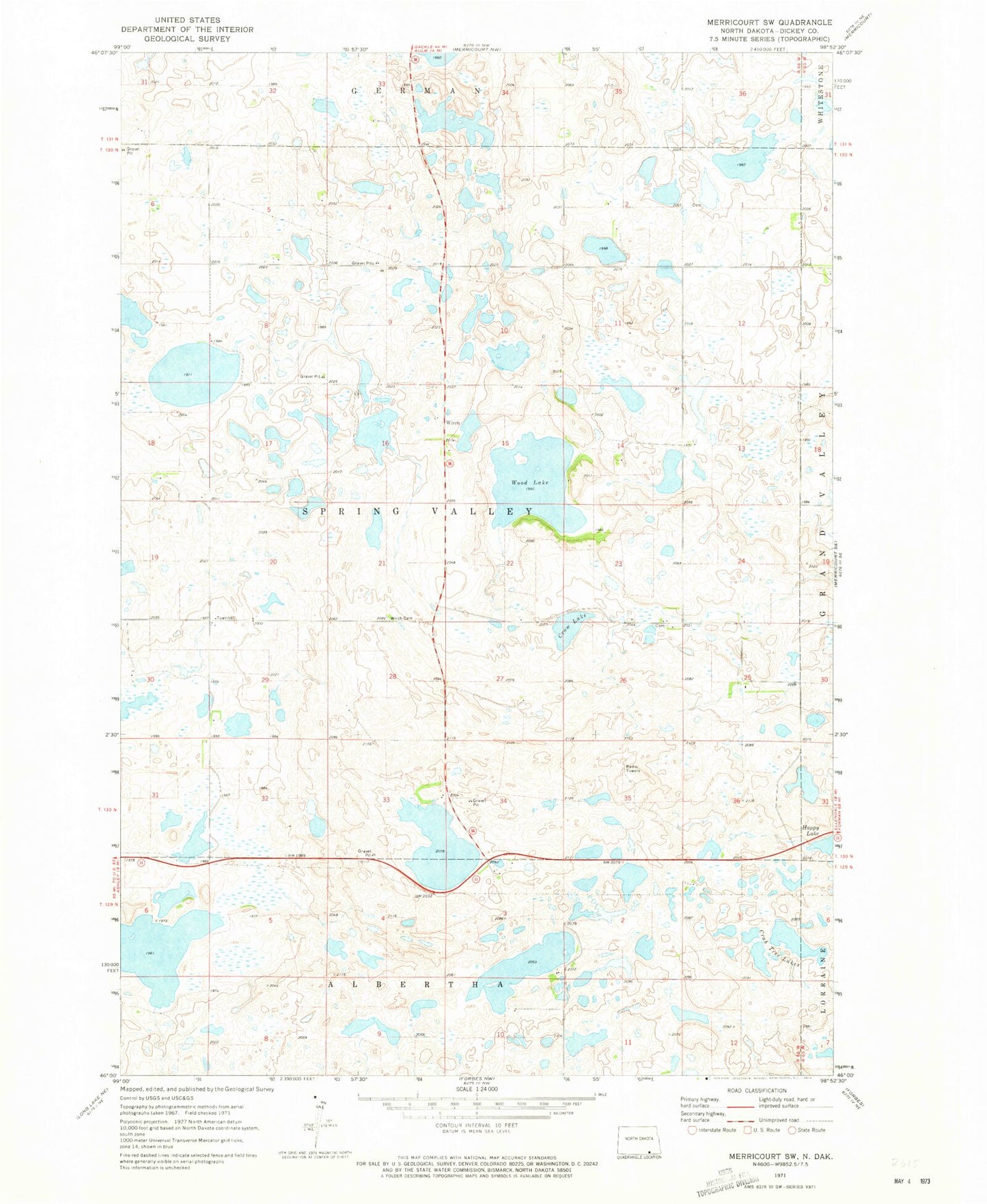 Classic USGS Merricourt SW North Dakota 7.5'x7.5' Topo Map Image