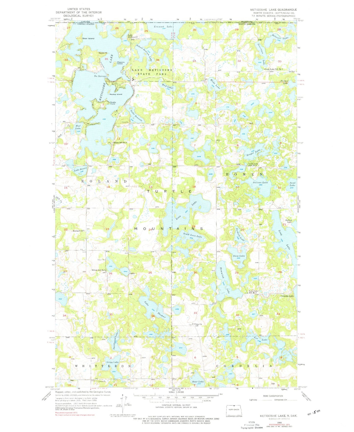 Classic USGS Metigoshe Lake North Dakota 7.5'x7.5' Topo Map Image
