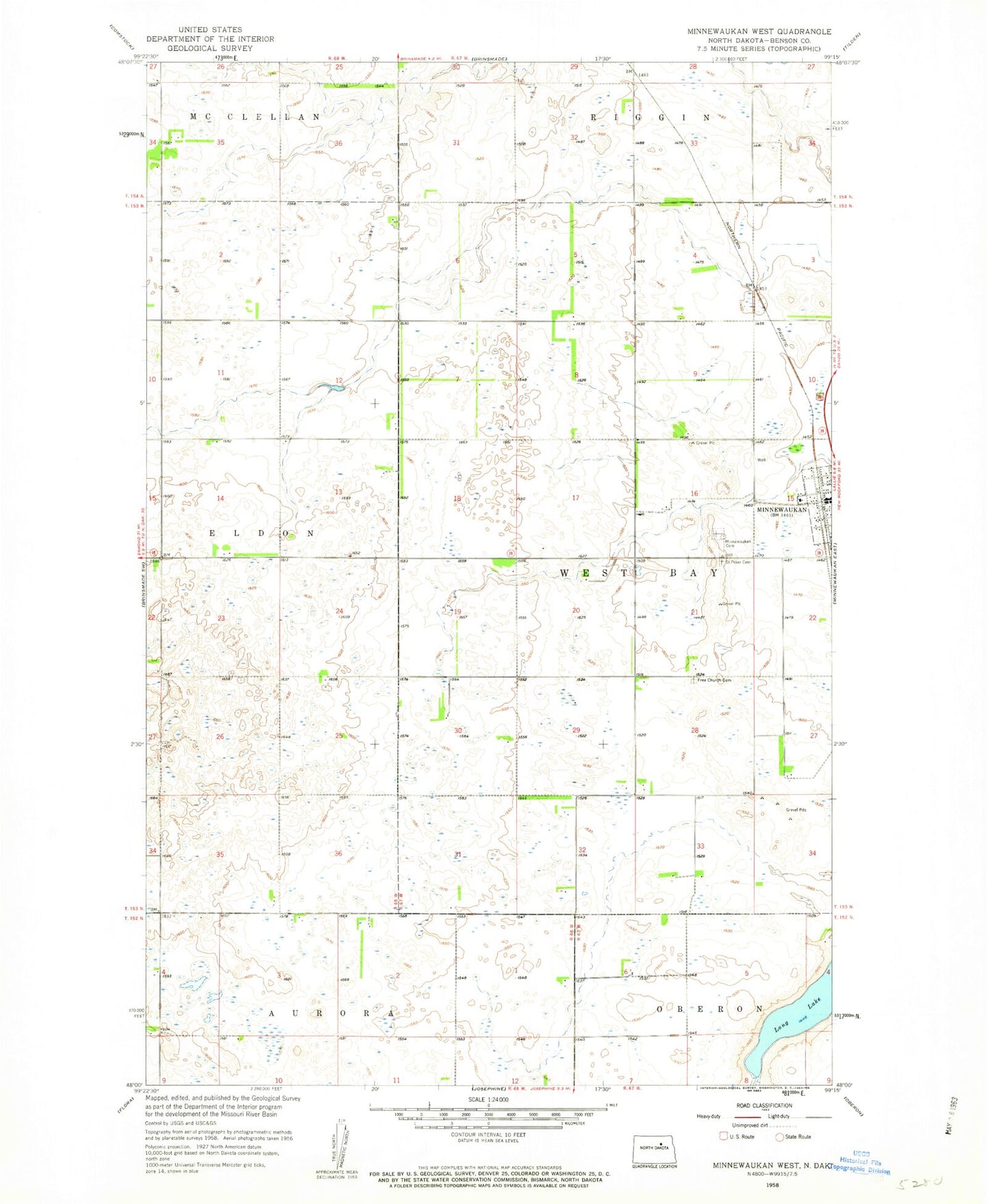 Classic USGS Minnewaukan West North Dakota 7.5'x7.5' Topo Map Image