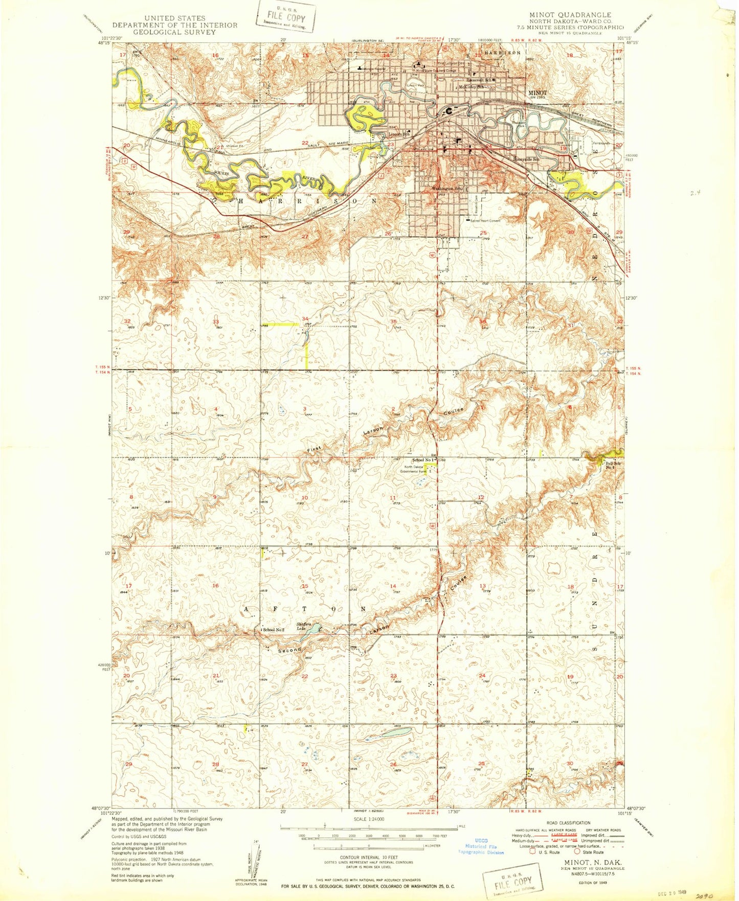 Classic USGS Minot North Dakota 7.5'x7.5' Topo Map Image