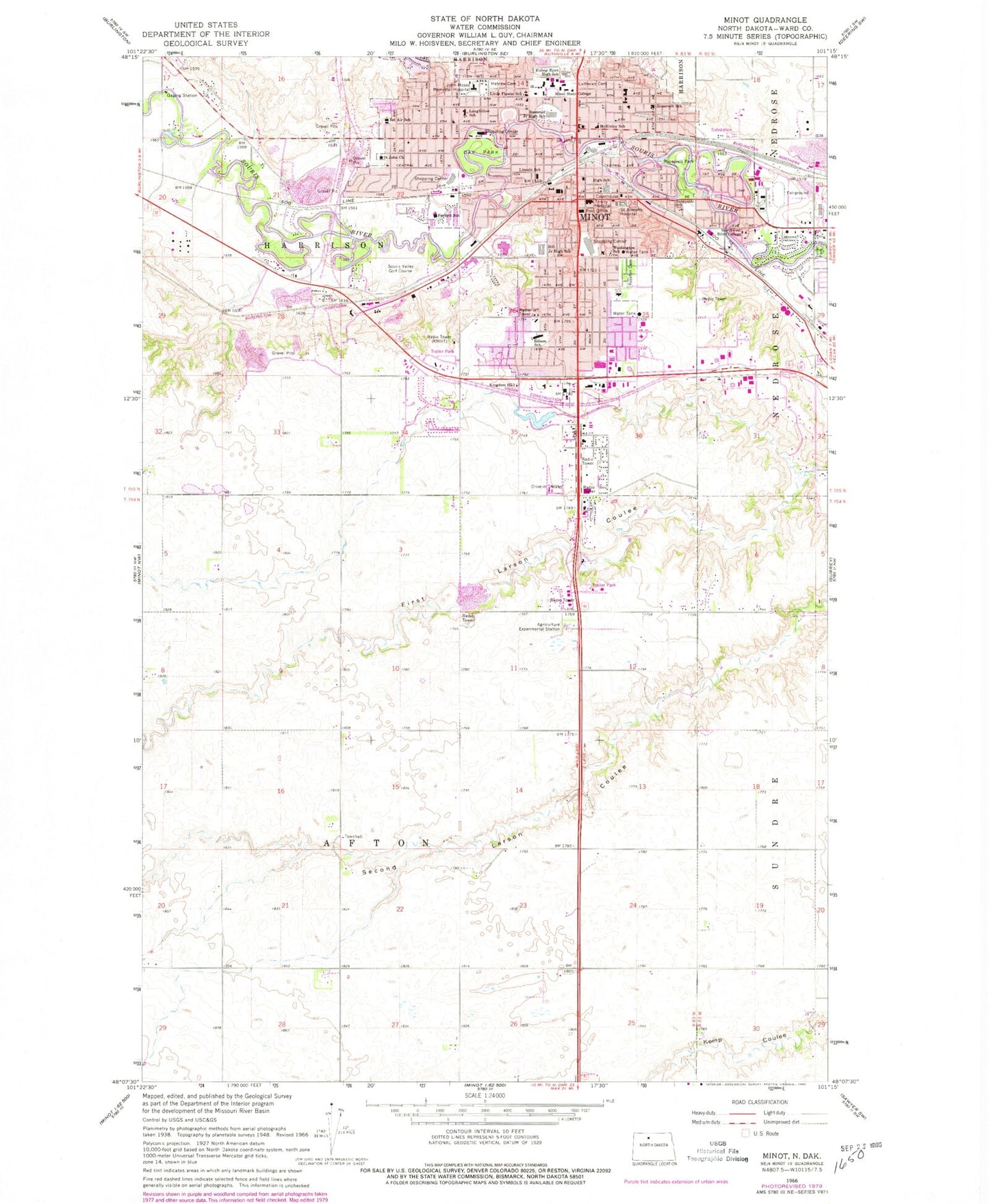Classic USGS Minot North Dakota 7.5'x7.5' Topo Map Image