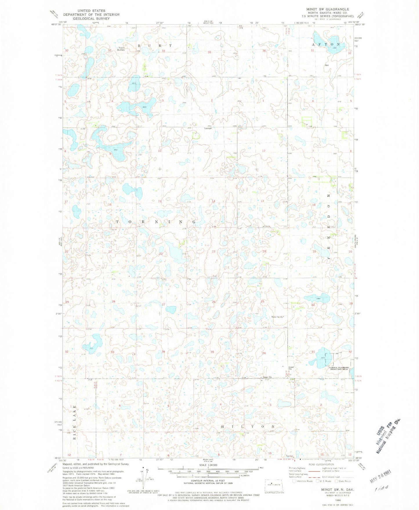 Classic USGS Minot SW North Dakota 7.5'x7.5' Topo Map Image