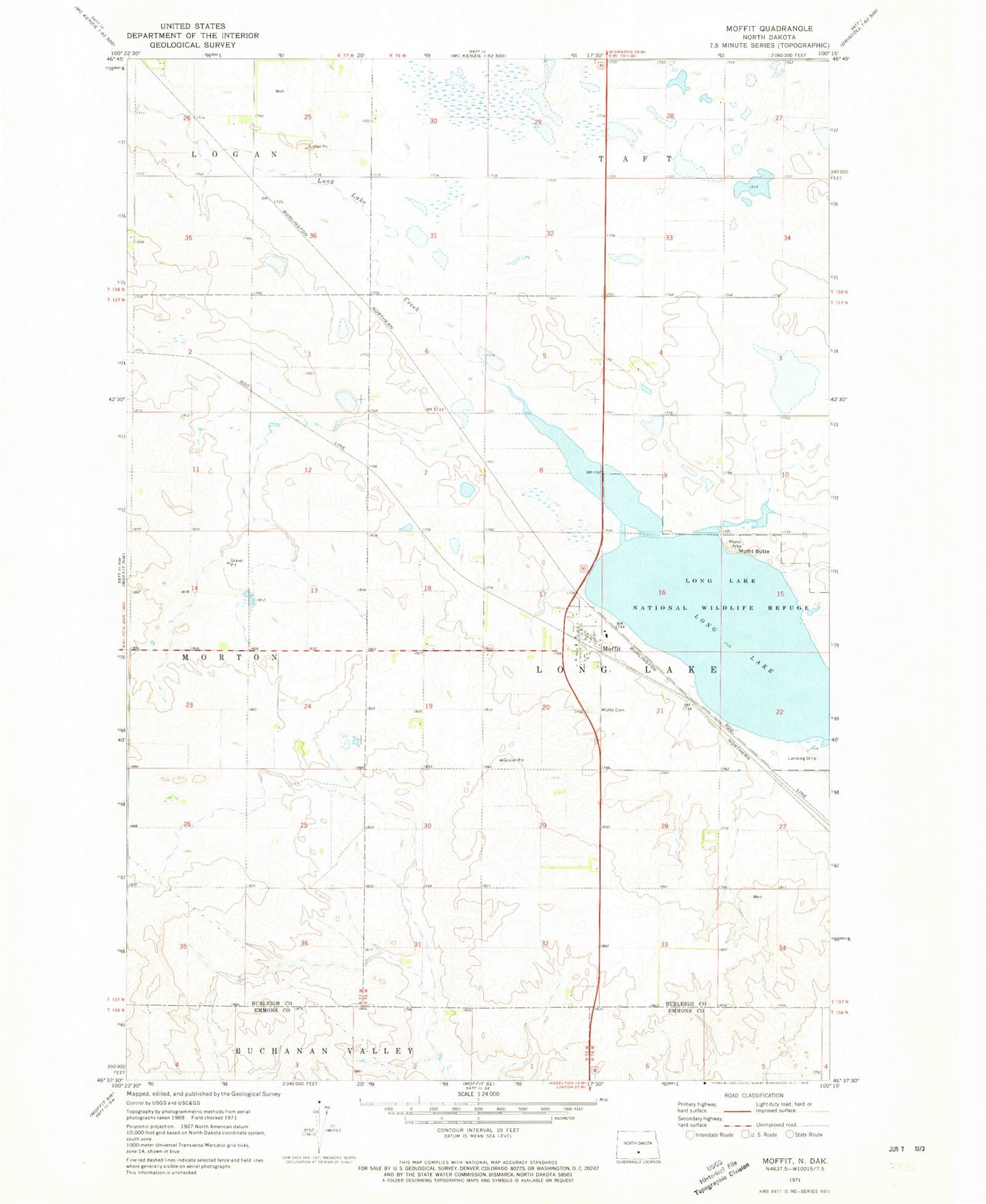 Classic USGS Moffit North Dakota 7.5'x7.5' Topo Map Image