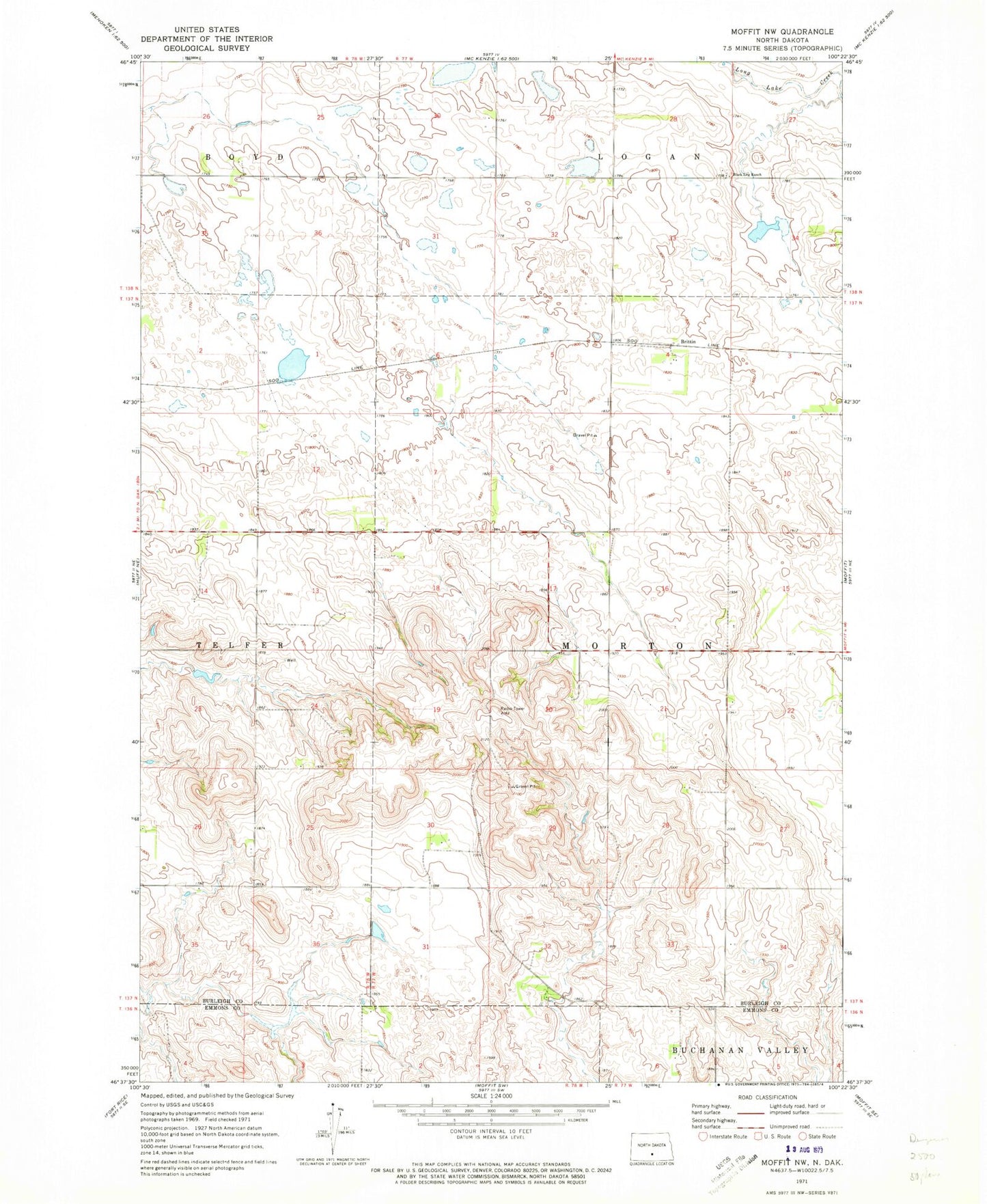 Classic USGS Moffit NW North Dakota 7.5'x7.5' Topo Map Image