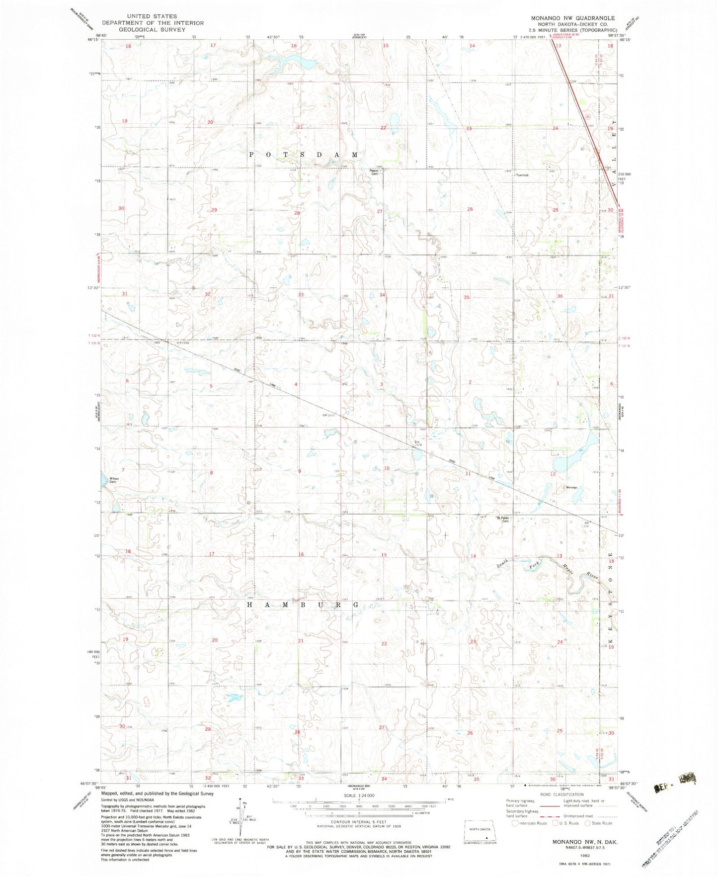 Classic USGS Monango NW North Dakota 7.5'x7.5' Topo Map Image