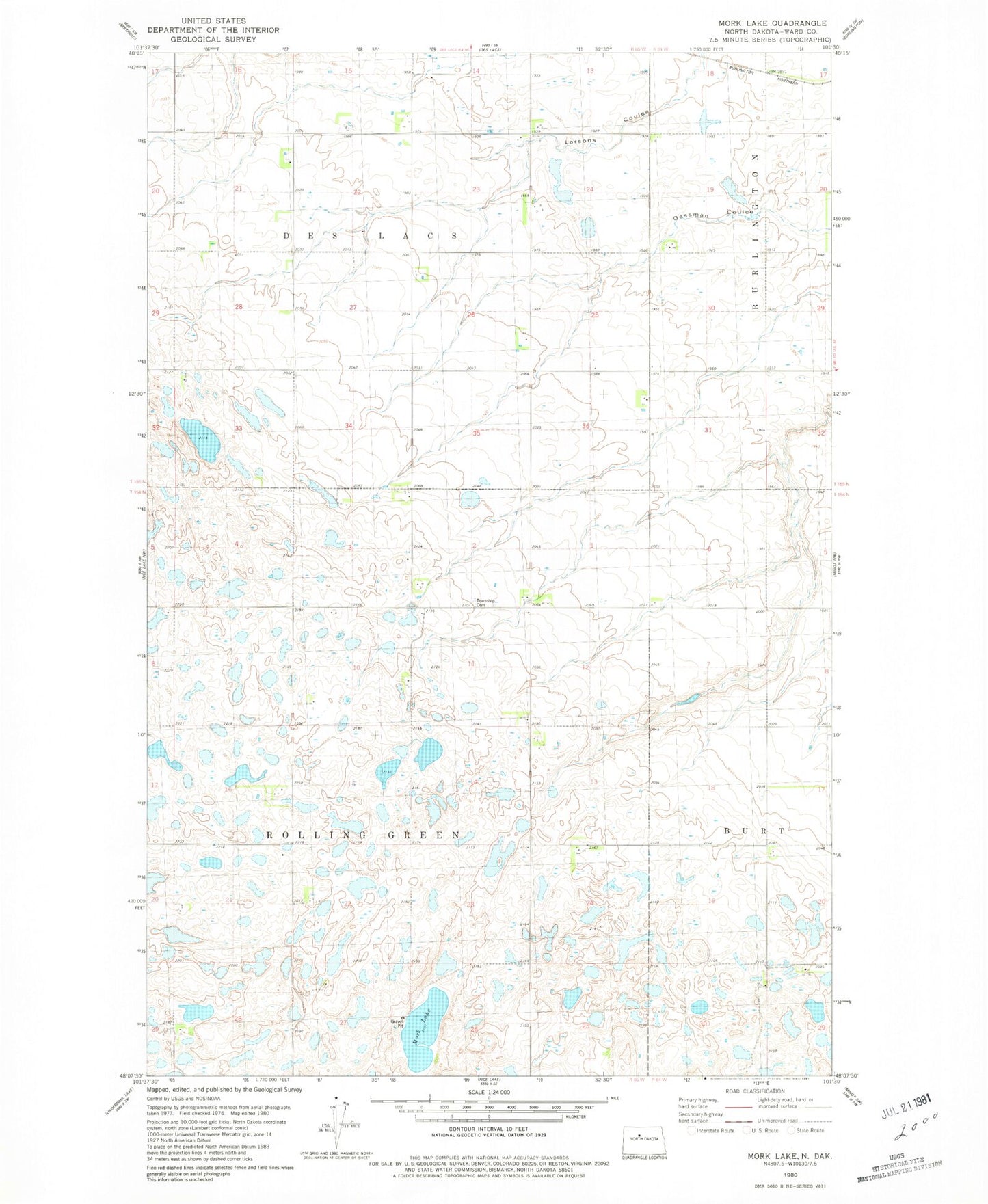 Classic USGS Mork Lake North Dakota 7.5'x7.5' Topo Map Image