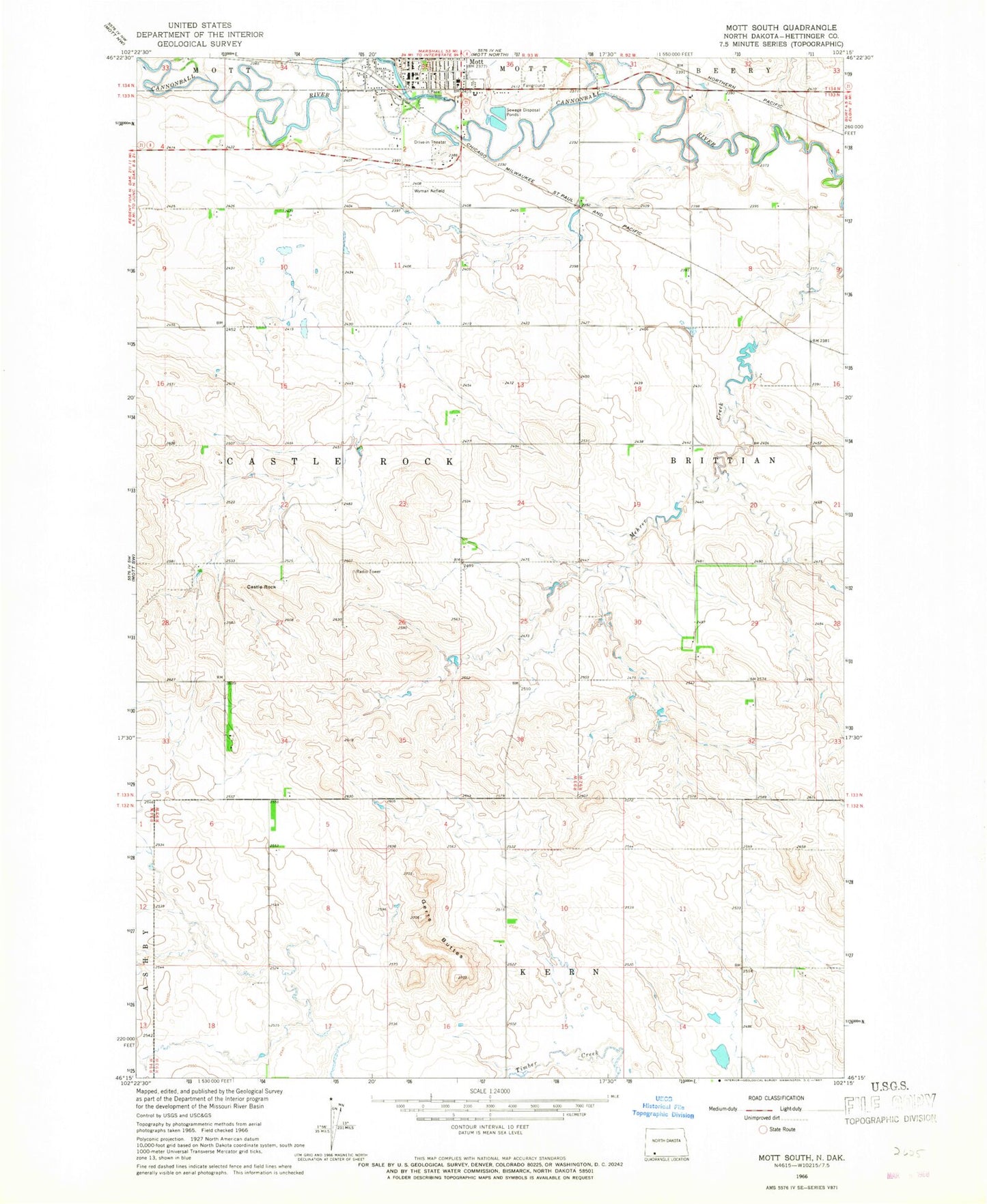 Classic USGS Mott South North Dakota 7.5'x7.5' Topo Map Image