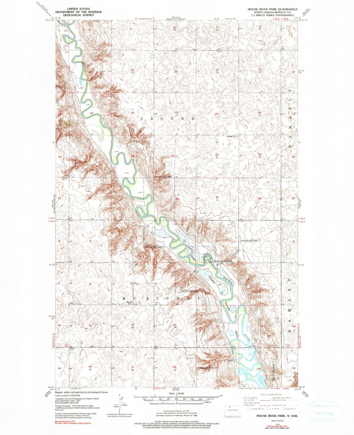 Classic USGS Mouse River Park North Dakota 7.5'x7.5' Topo Map Image