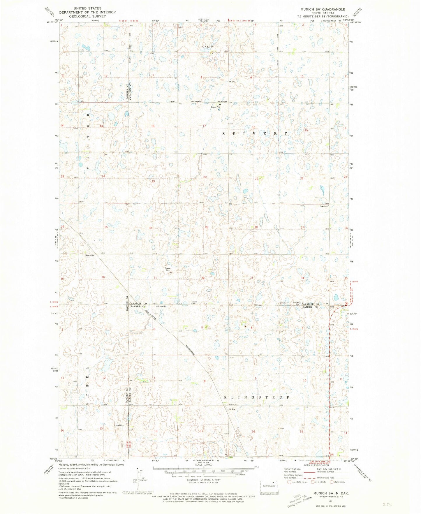 Classic USGS Munich SW North Dakota 7.5'x7.5' Topo Map Image