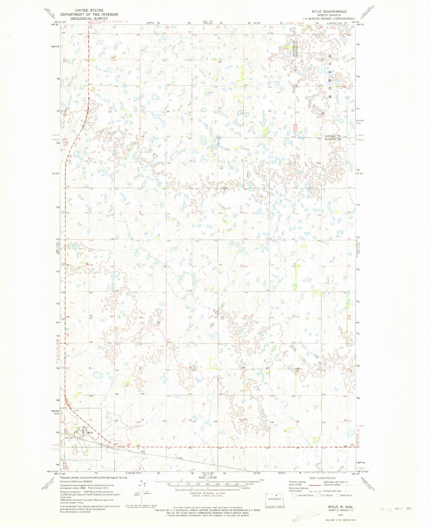 Classic USGS Mylo North Dakota 7.5'x7.5' Topo Map Image