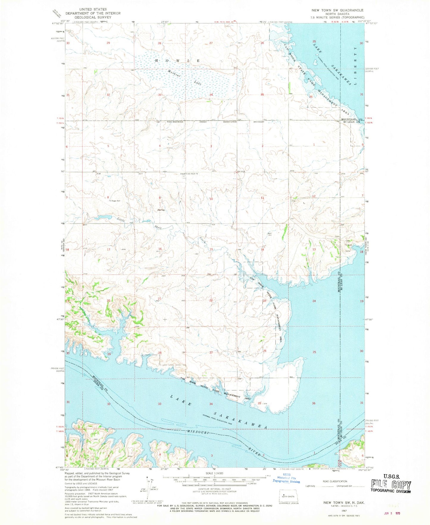 Classic USGS New Town SW North Dakota 7.5'x7.5' Topo Map Image