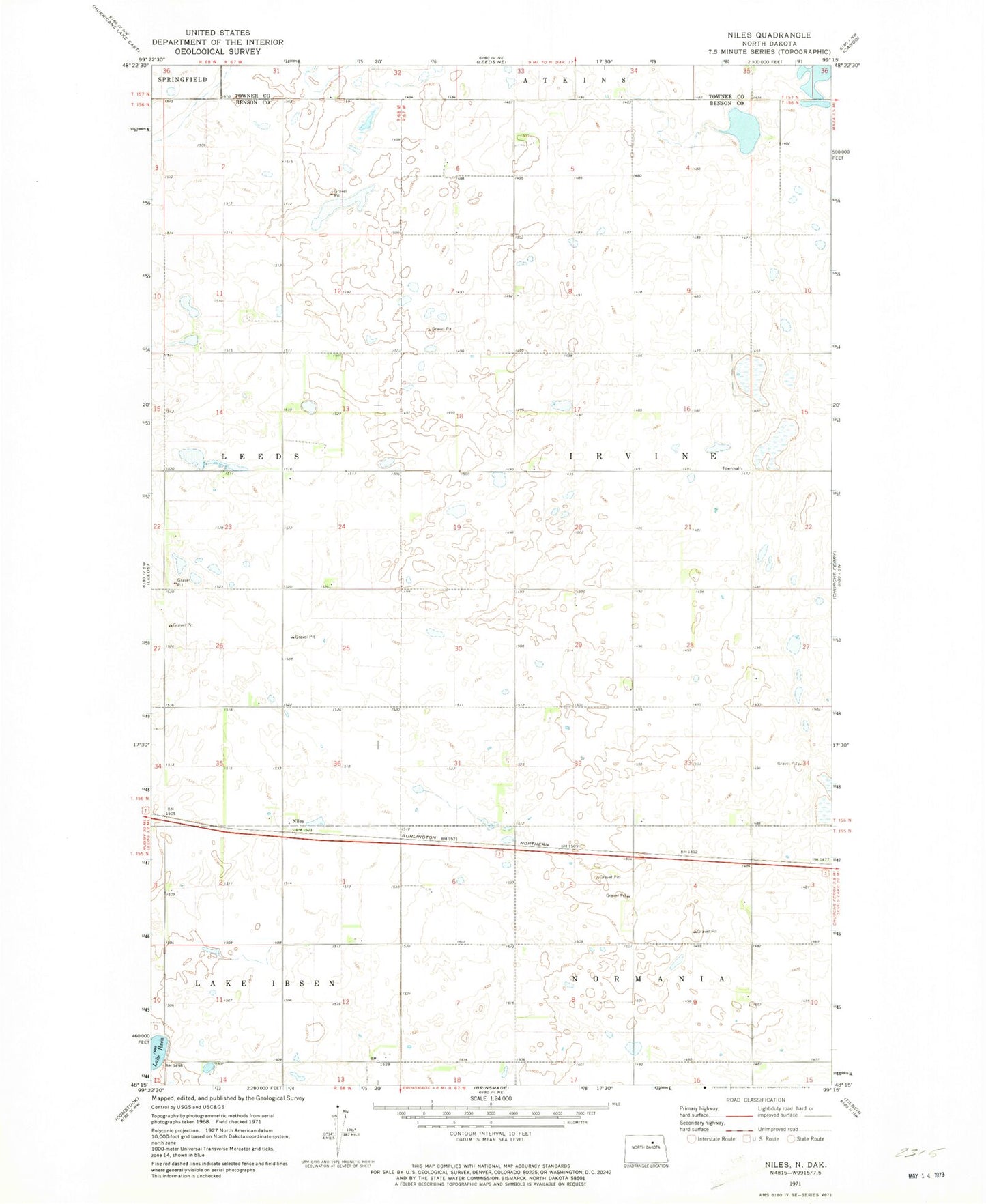 Classic USGS Niles North Dakota 7.5'x7.5' Topo Map Image
