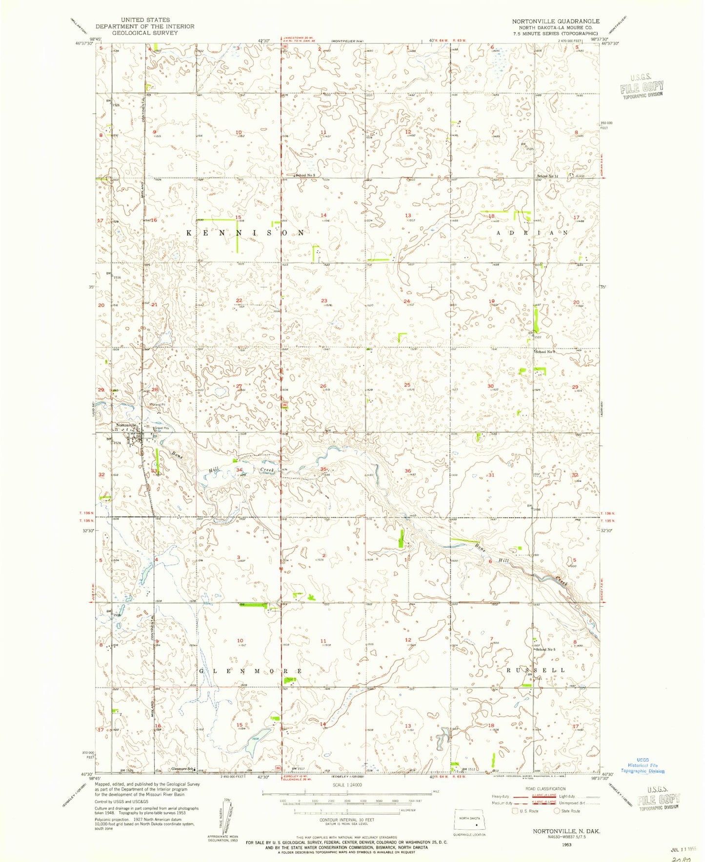Classic USGS Nortonville North Dakota 7.5'x7.5' Topo Map Image